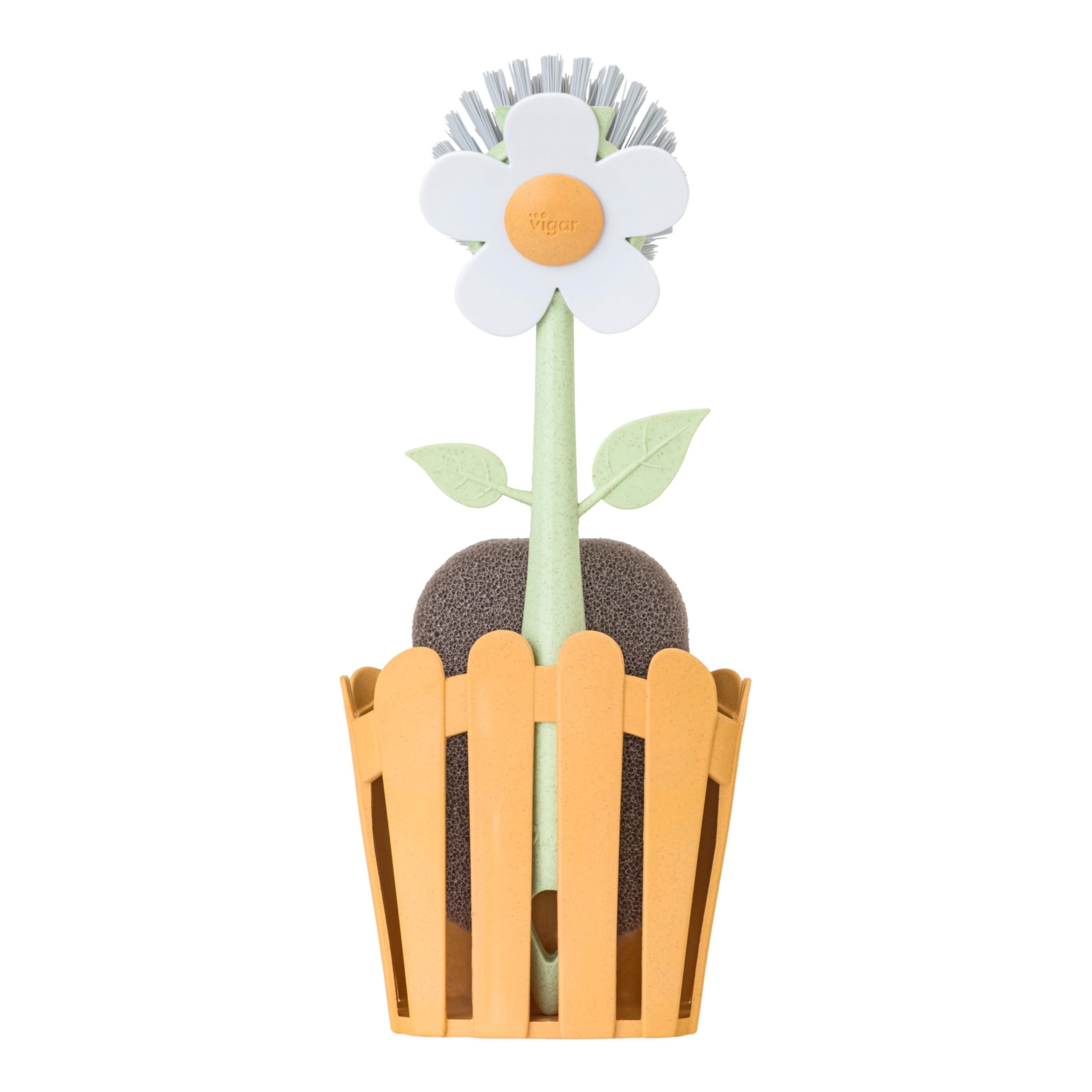 Vigar Florganic 3-In-1 Kitchen Sink Caddy Set, Flower-Shaped Dish Brush, Sponge, Fence-Shaped Holder And Suction Cup, Ideal Sink