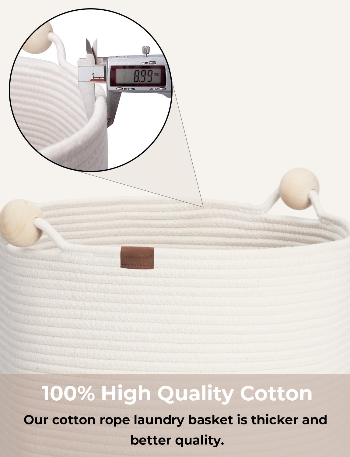 Storageworks 72L Cotton Rope Laundry Basket With Wooden Beads Handles, Woven Basket For Storage, Dirty Clothes, Kids Toys, Towel