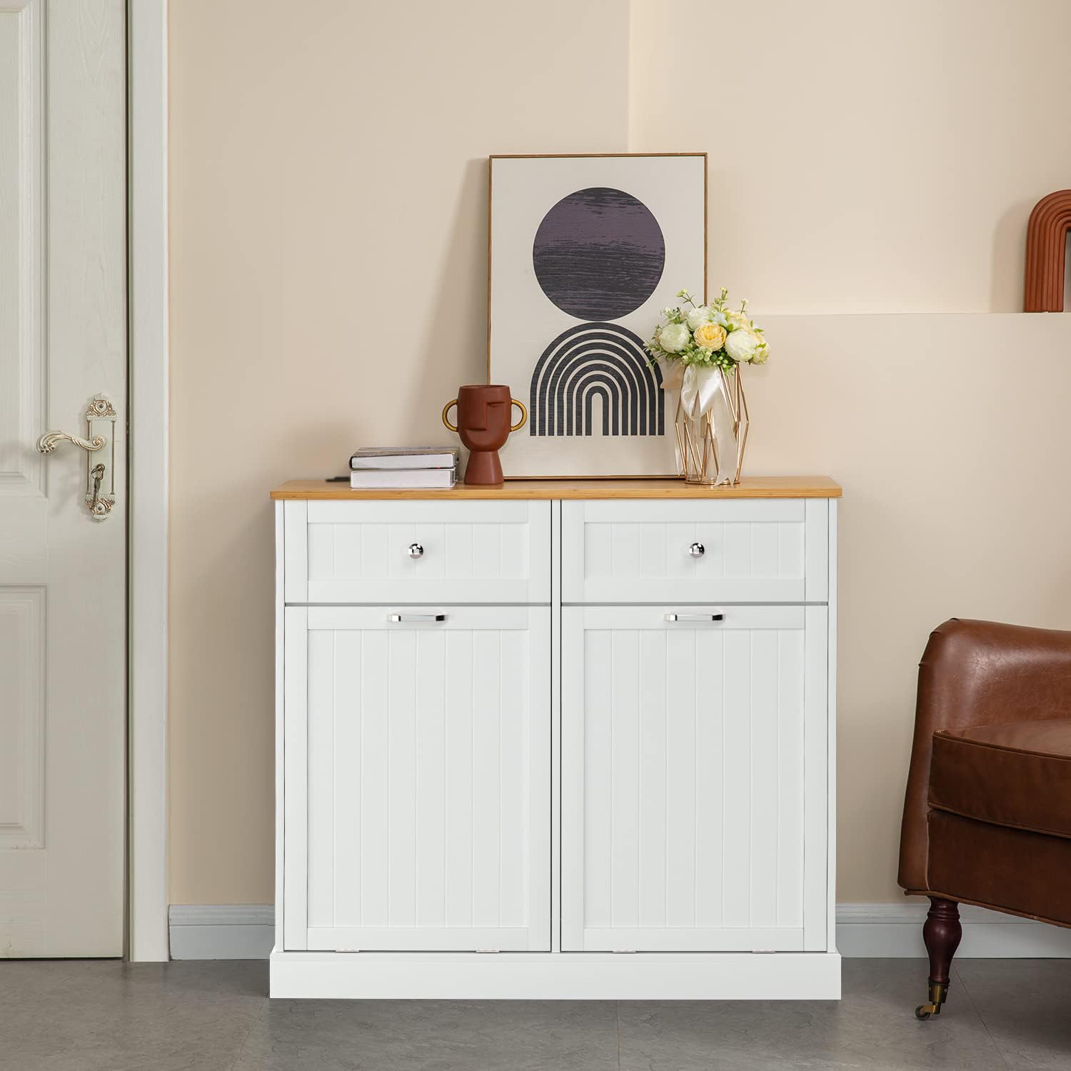 Gazhome Double Tilt Out Trash Cabinet With Charging Station, Upgrade Wooden Free Standing Trash Cabinet With Outlet,Recycling Ca