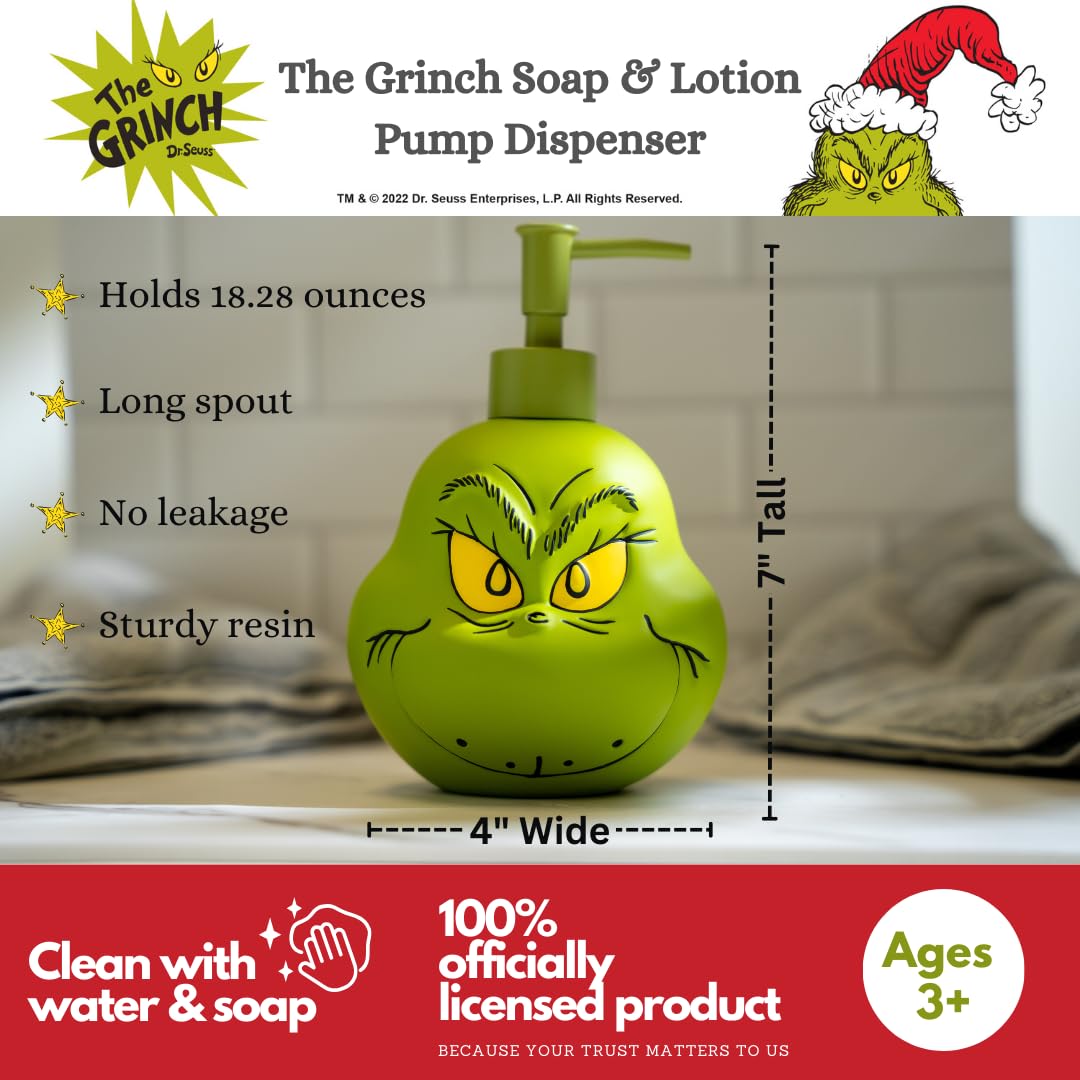 Collectibles Dr. Seuss' The Grinch Holiday Christmas Soap/Lotion/Hand Sanitizer Resin Pump Dispenser, 18.28 Ounces, (Officially