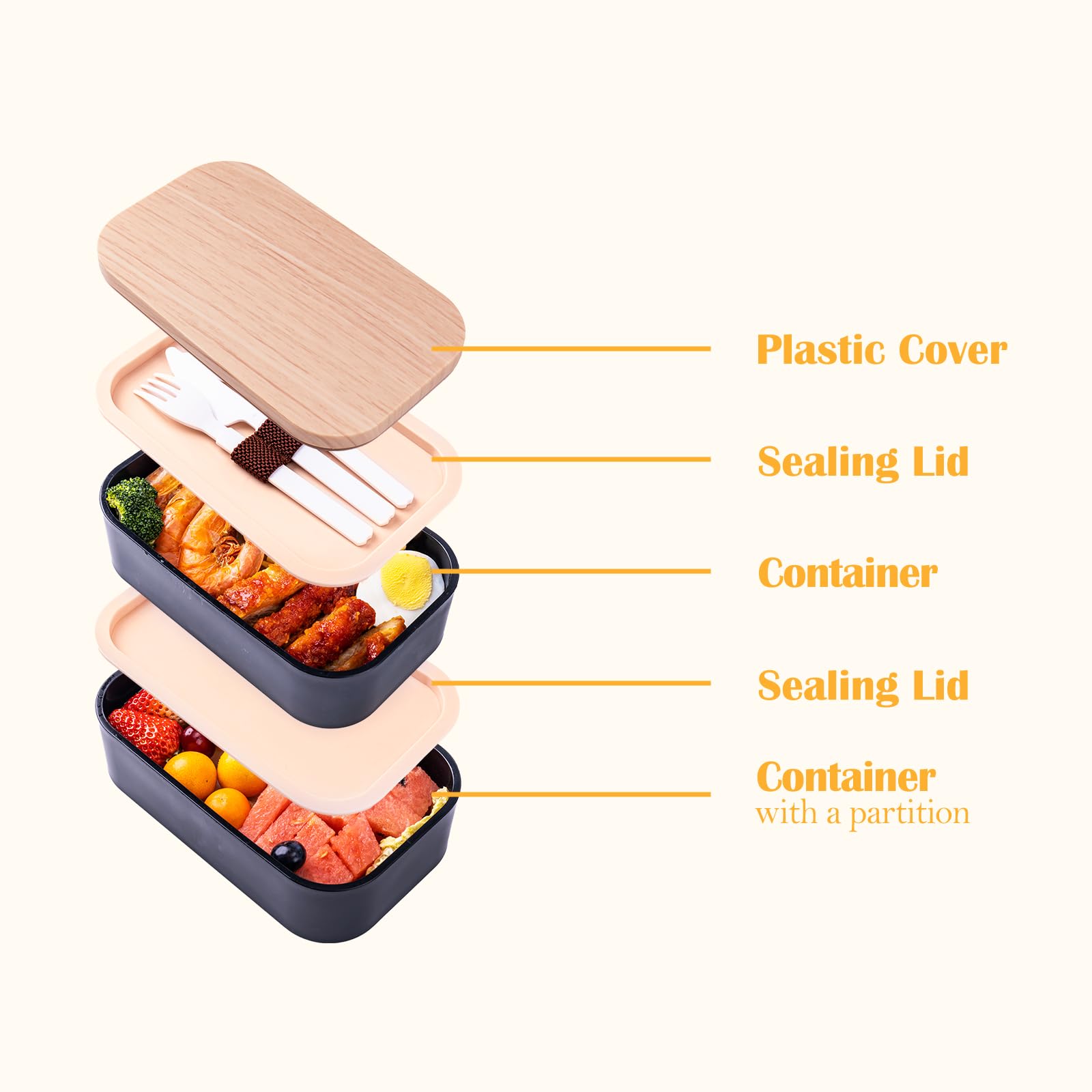 Stackable Bento Box With Utensils Microwave Safe, All-In-One Meal Prep Compartment Lunch Containers Leak Resistant Lunch Box Wit