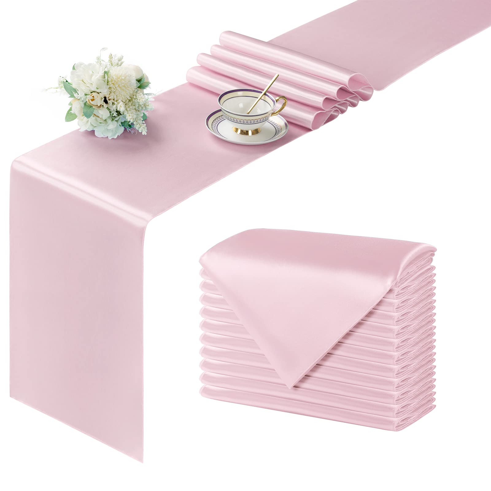Manyshofu 12Pcs Satin Blush Pink Table Runner - 12 X 72 Inch Long Size, Party Table Runner Decor Bright & Smooth Wedding Decorat