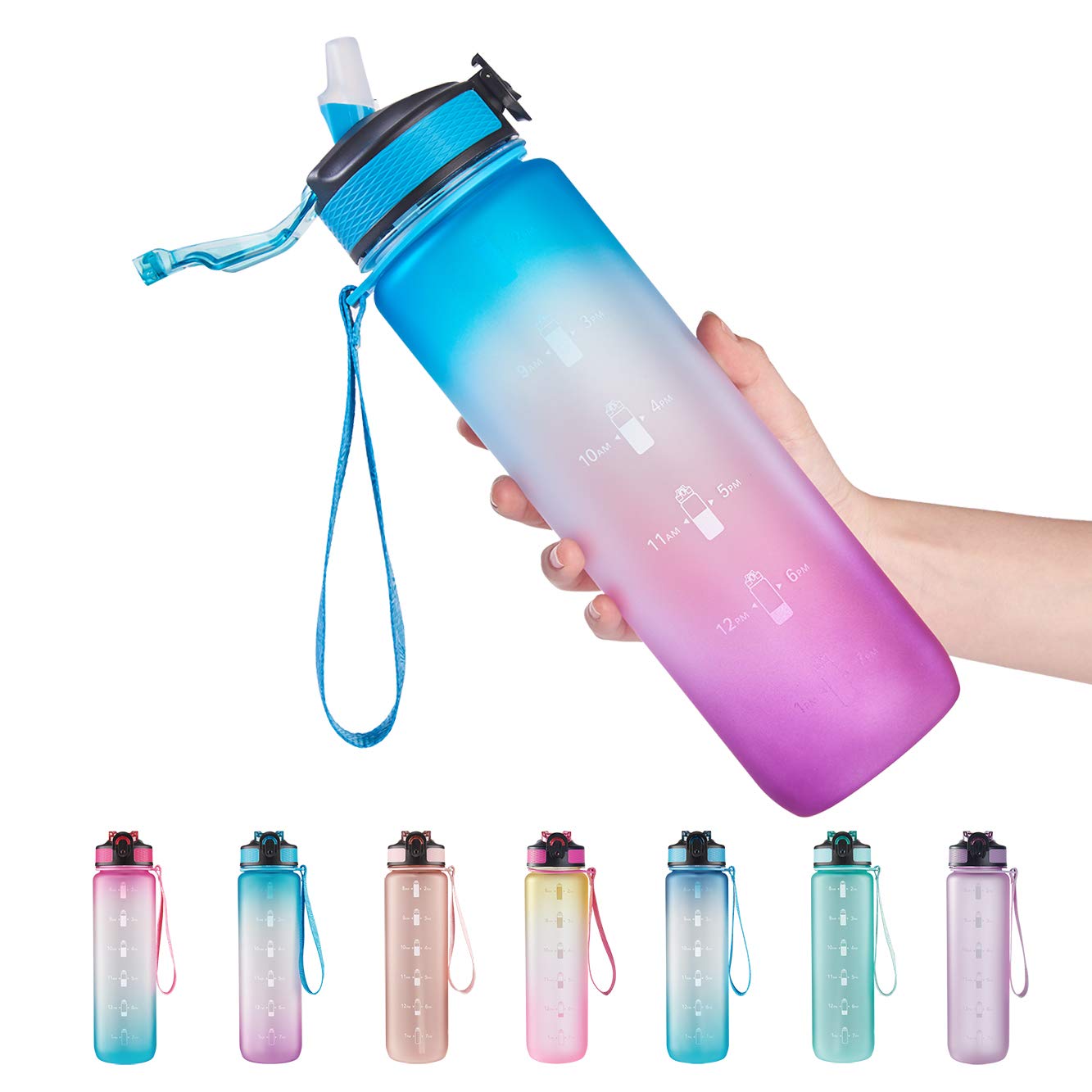 Eyq 32 Oz Water Bottle With Times Marker, Carry Strap, Leak-Proof Tritan Bpa-Free, Ensure You Drink Enough Water For Fitness, Gy