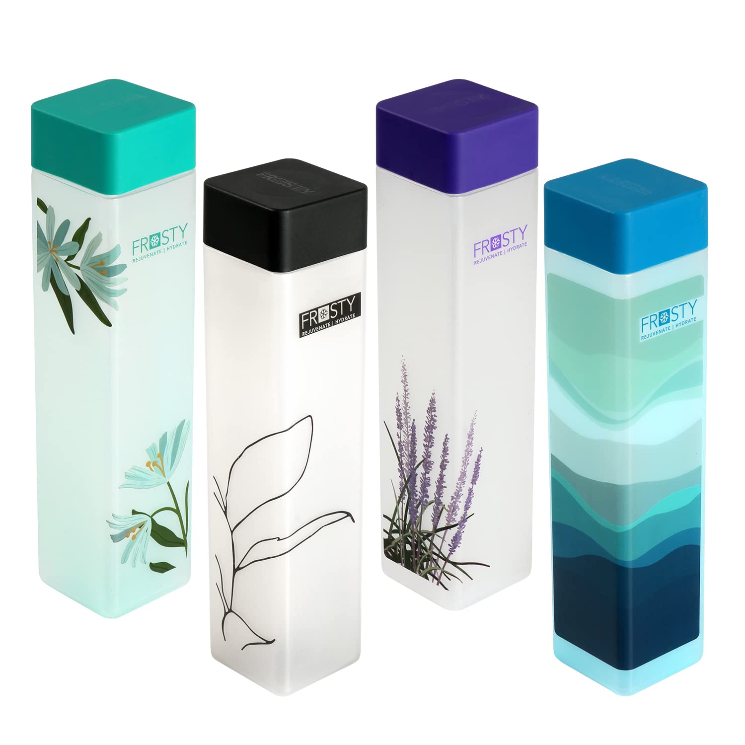 Aquaware Frosty Plastic Food Grade Fridge Square Bottle Gift Set(4 Pieces,1L,Labelled Floral Design), 950 Milliliter