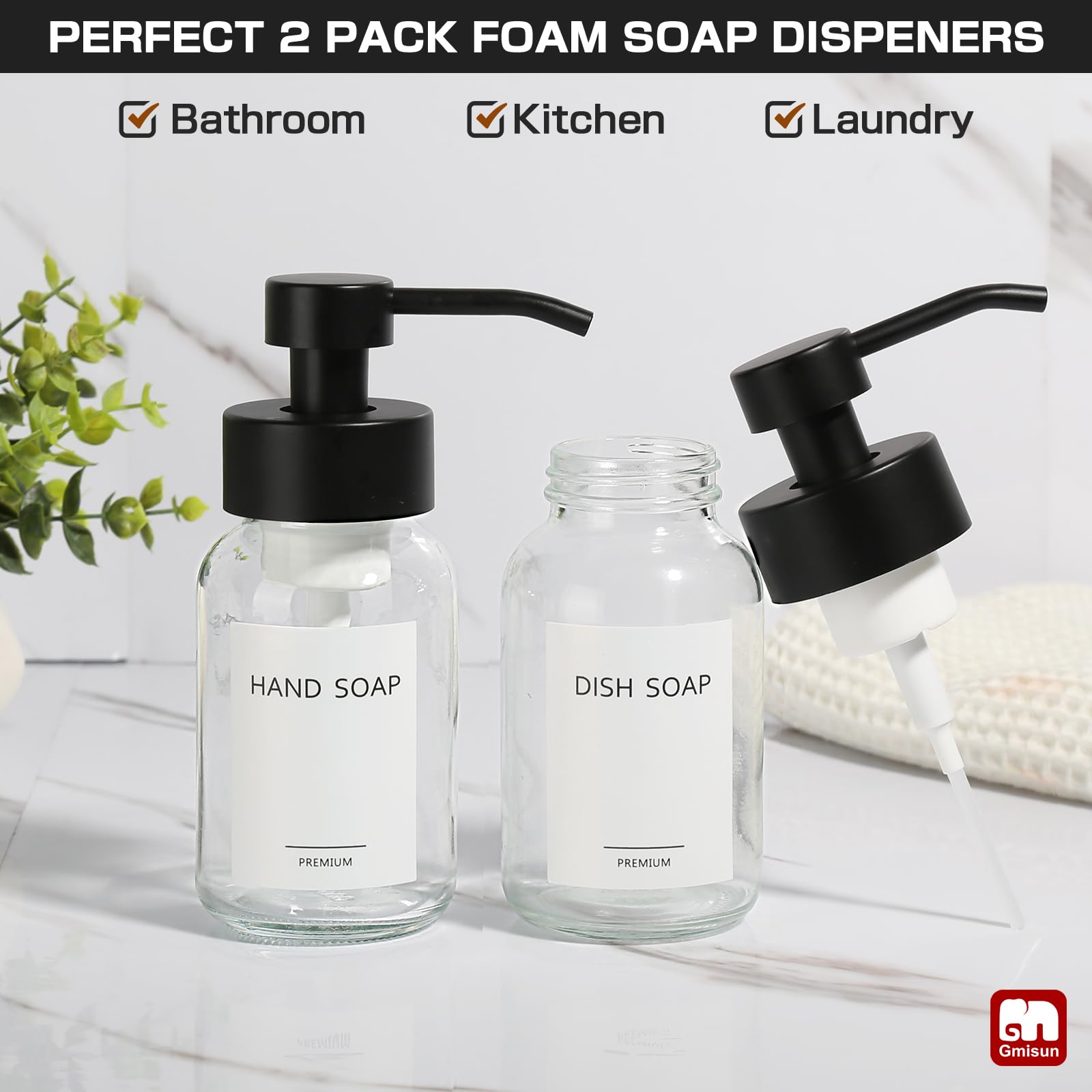 Gmisun Foam Soap Dispenser, 2 Pack 8.5 Oz Clear Glass Soap Dispenser For Bathroom & Kitchen, Modern Hand Soap Dispenser, Refilla