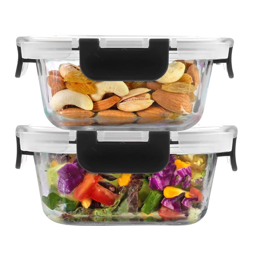 Cutting Edge 320Ml Square Glass Detachable Lock Container,Black(Set Of 2)
