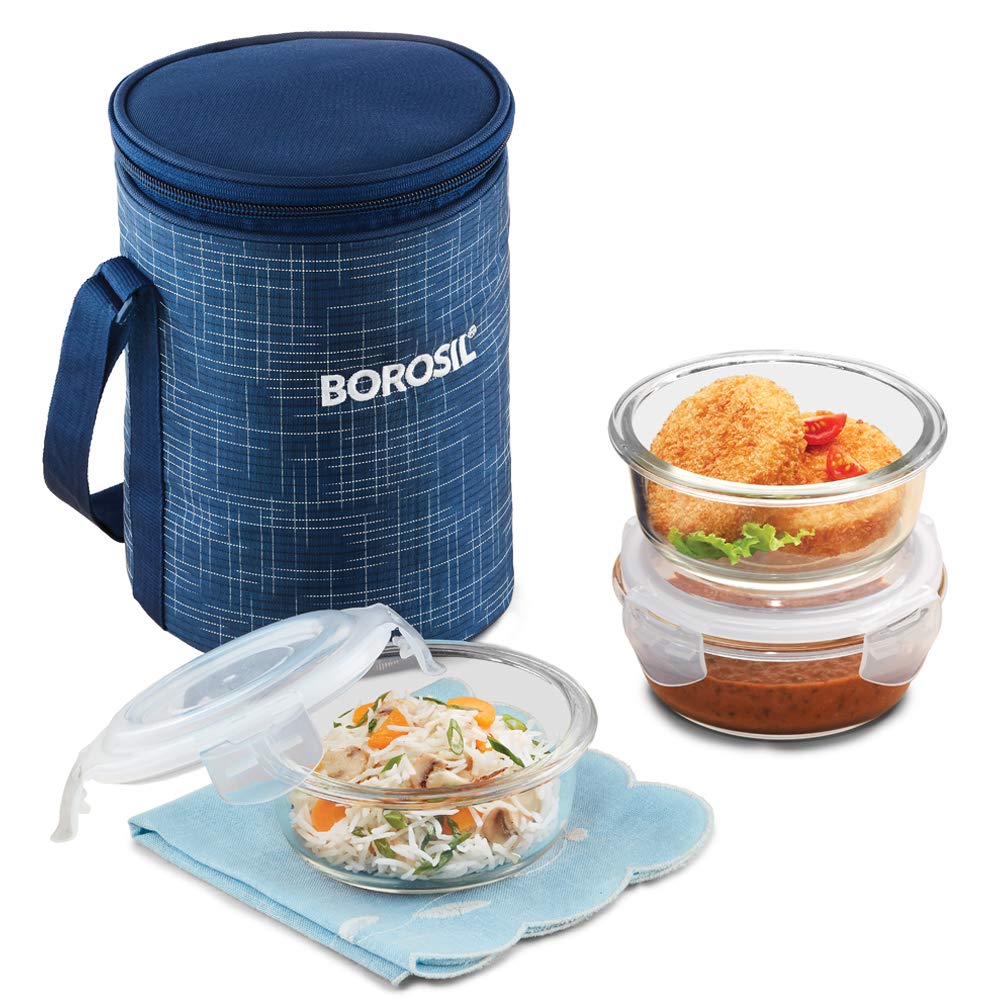 Borosil Indigo Lunchbox With Bag | 3 Pc Borosilicate Glass Round Container Set (400 Ml Each) | Microwave & Dishwasher Safe, Leak