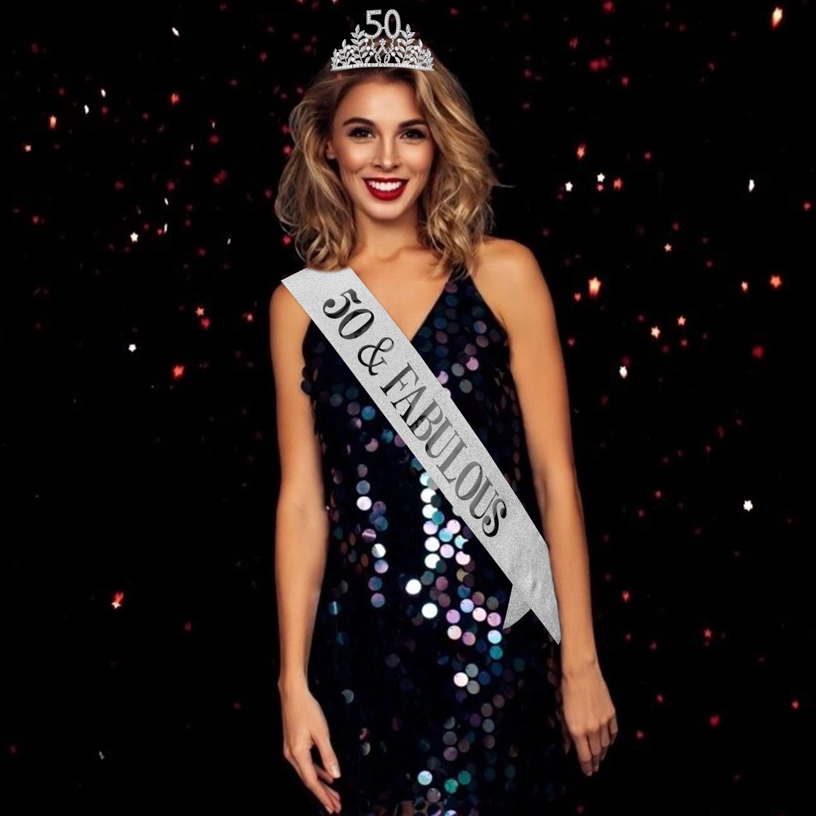 '50 & Fabulous '' Birthday Tiara And Sash Kit- 50Th Birthday Gifts For Women 50Th Birthday Party Supplies (Silver)