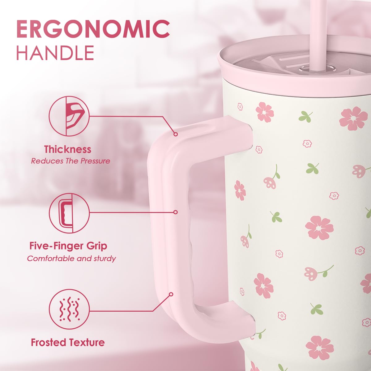 Floral 40oz Tumbler with Handle and Straw - Flowers Insulated Stainless Steel Travel Coffee Mug for Women Girls - Gift Idea for
