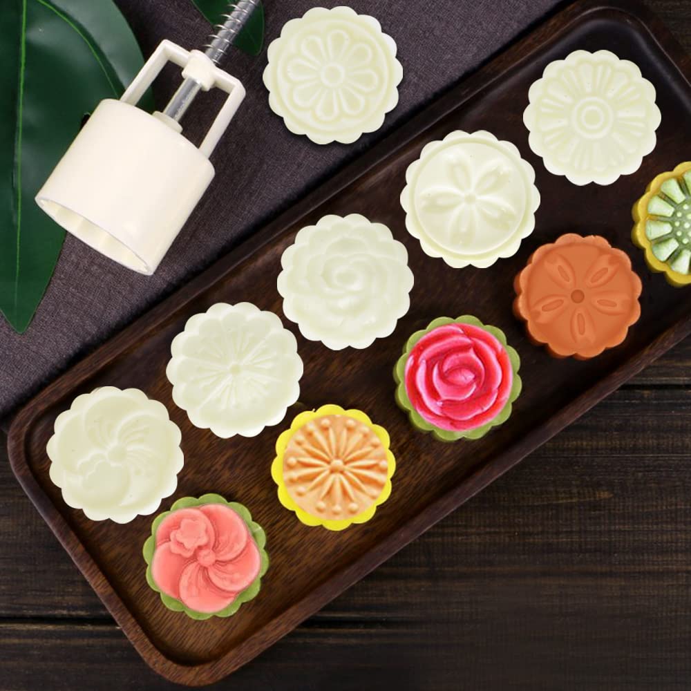 2 Set Mooncake Mould Press With 10 Stamps, Finegood Round Cherry Blossom Mooncake Mould Dessert Decoration For Diy Cookie Hand P