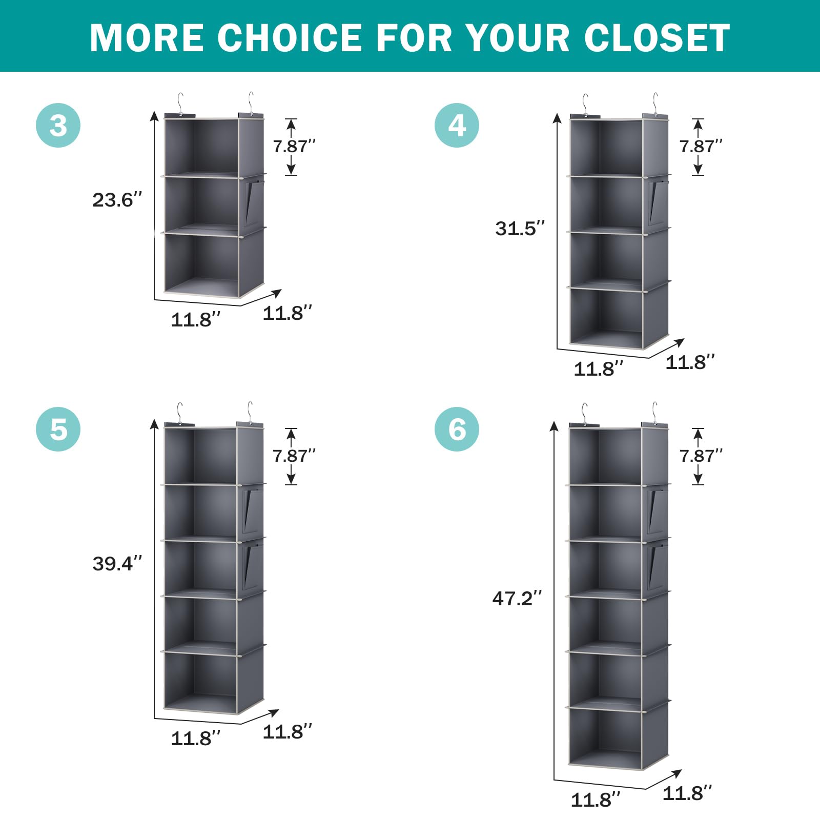 Youdenova Hanging Closet Organizer, 4-Shelf Closet Hanging Storage Shelves, Grey