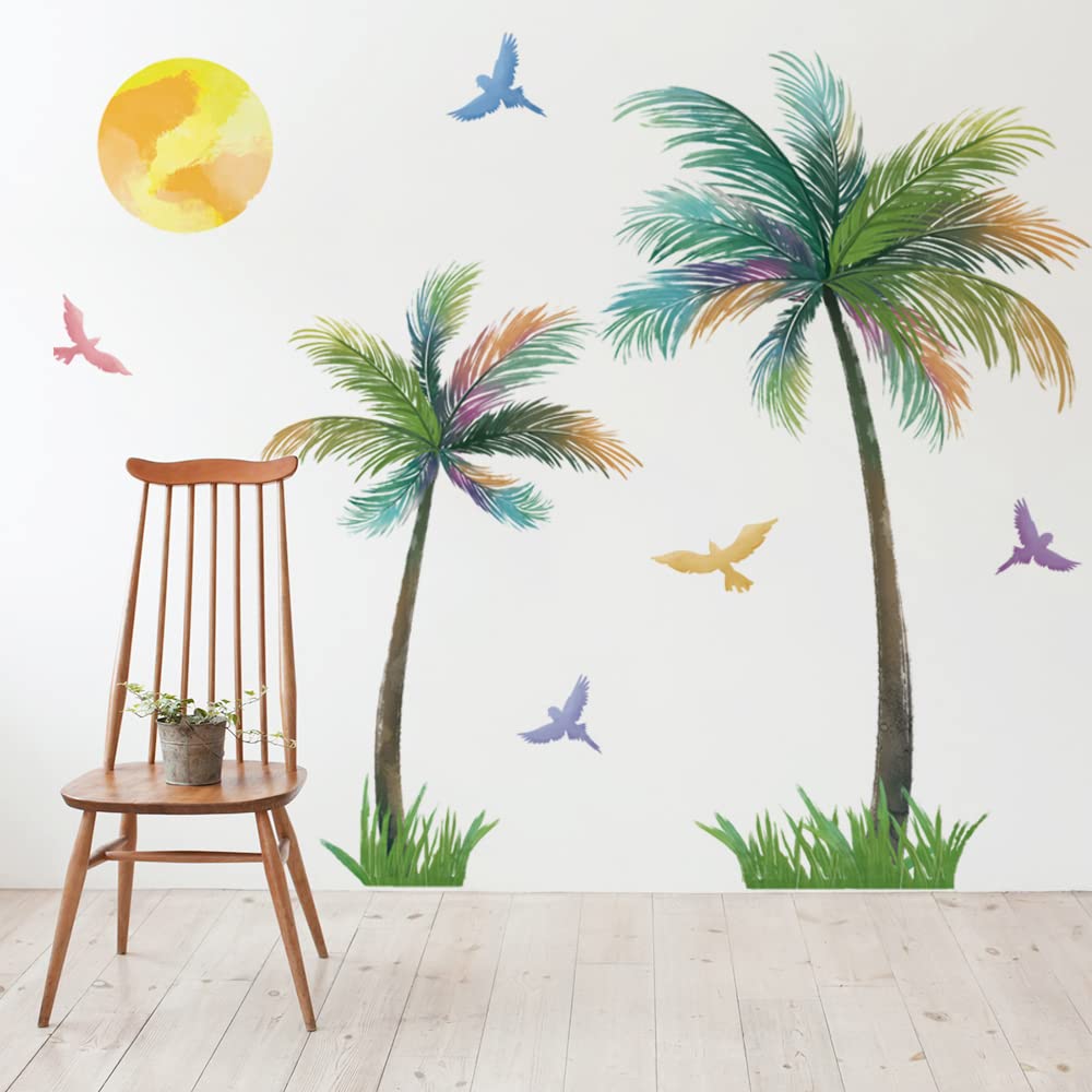 Runtoo Large Palm Tree Wall Decals Colorful Birds Tropical Plant Wall Art Stickers For Living Room Bedroom Nursery Wall Decor
