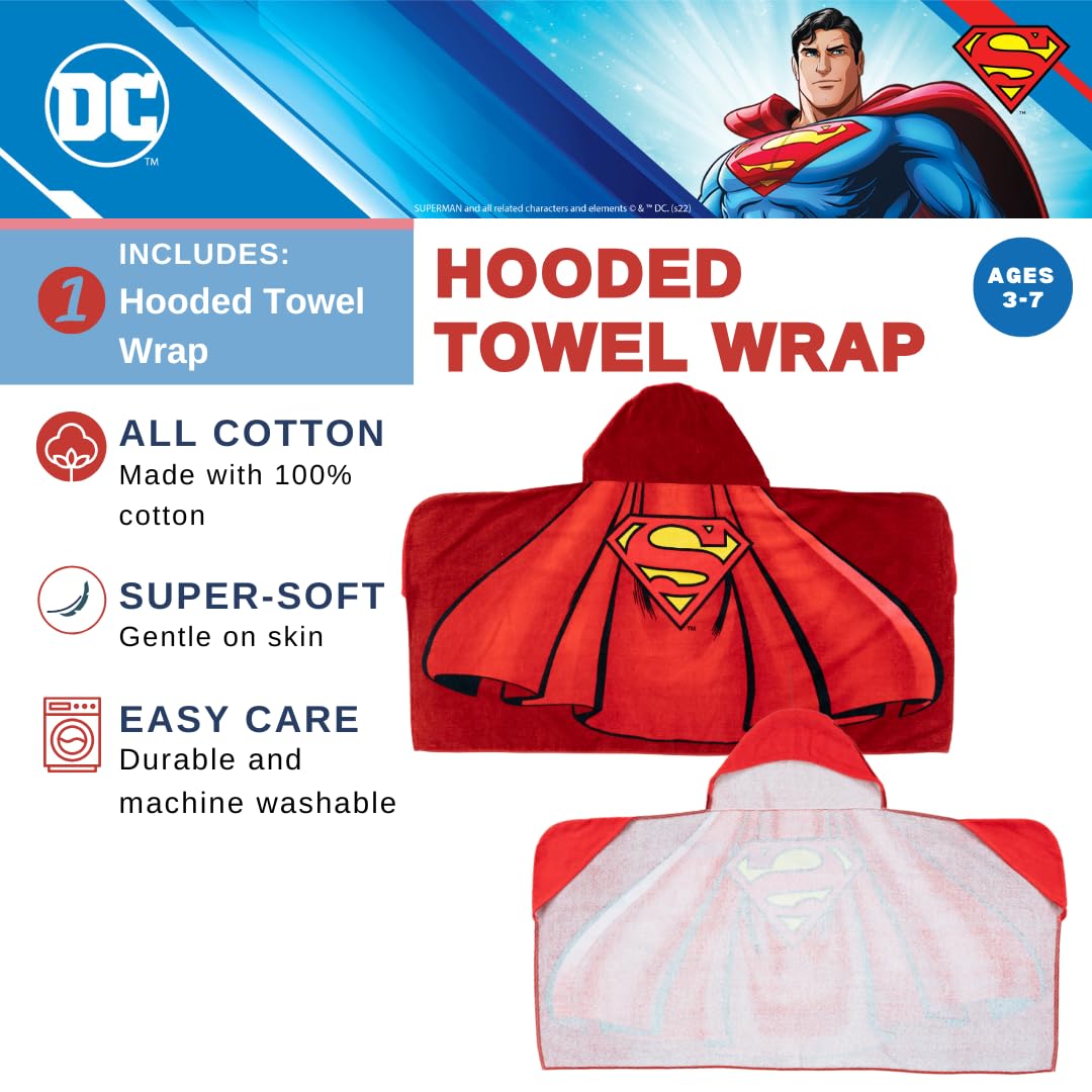 Franco Superman Cape Kids Super Soft Bath/Pool/Beach Soft Cotton Terry Hooded Towel Wrap, 24 In X 50 In, (Officially Licensed Pr