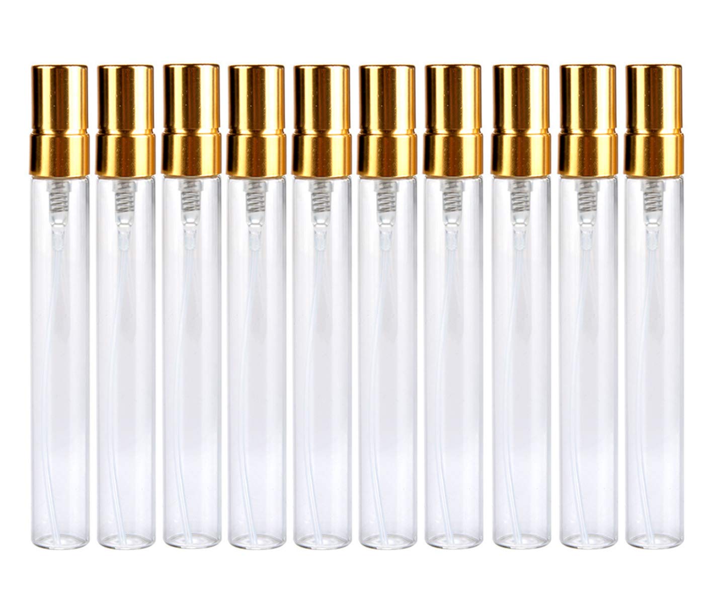 JJKMALL- 10pcs Slim Fine Mist 10ml 1/3oz Gold Atomizer Clear Glass Bottle Vial Spray Refillable Liquid Fragrance Perfume Empty S