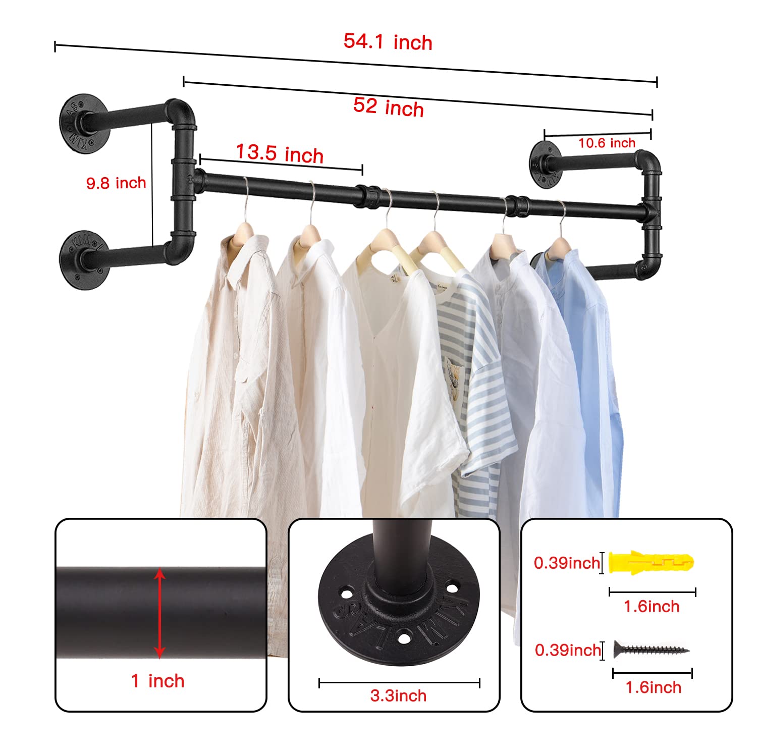 Varsoul Wall Mounted Clothes Rack - 54''Industrial Pipe Clothing Garment Rack, Space-Saving Heavy Duty Detachable Black Iron Clo