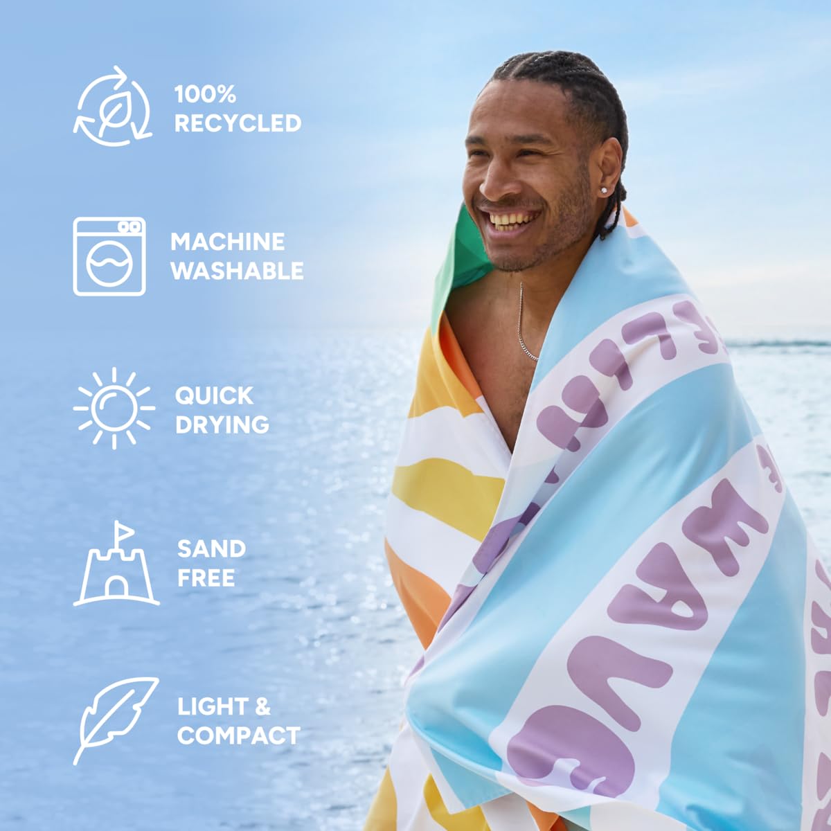 Dock & Bay Beach Towel - Quick Dry, Sand Free - Compact, Lightweight - 100% Recycled - Includes Bag - Vitamin Sea - Large (160X9