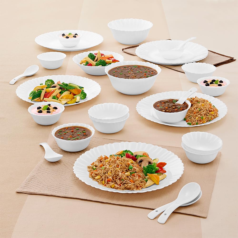 Larah By Borosil Plain White Silk Series Opalware Dinner Set | 27 Pieces For Family Of 6 | Microwave & Dishwasher Safe | Bone-As