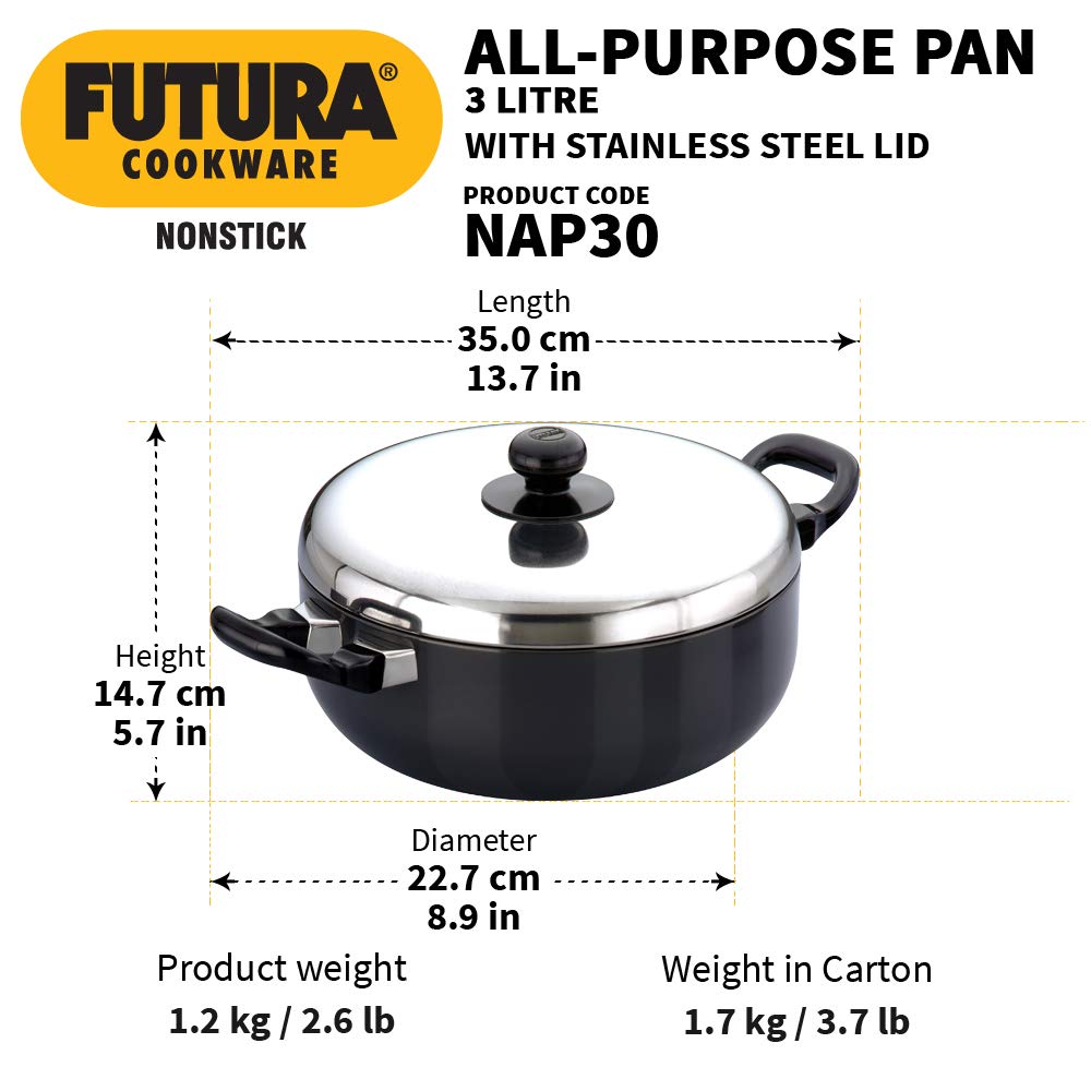 Futura Non Stick 9-Inch All Purpose Frying Pan With Stainless Steel Lid, 30-Liter