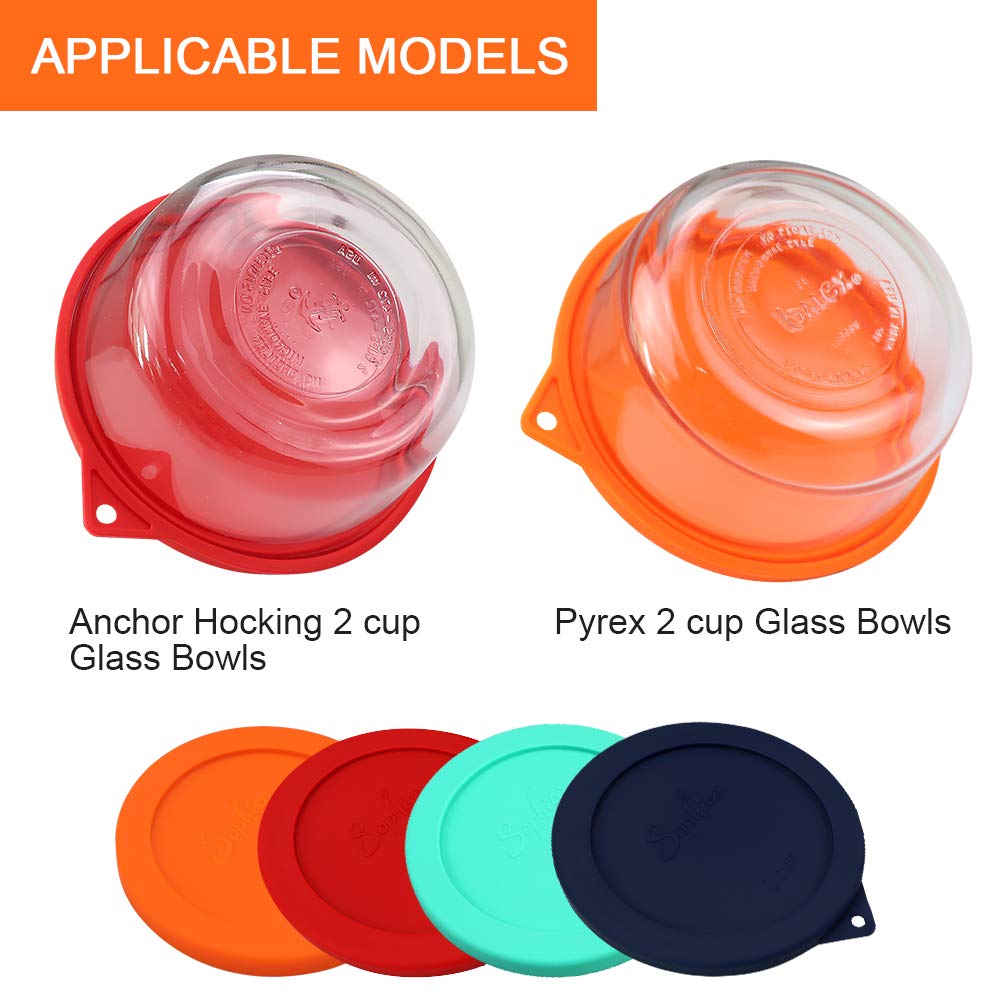 Sophico 2 Cup Round Silicone Storage Cover Lids Replacement For Anchor Hocking And Pyrex 7200-Pc Glass Bowls (Container Not Incl