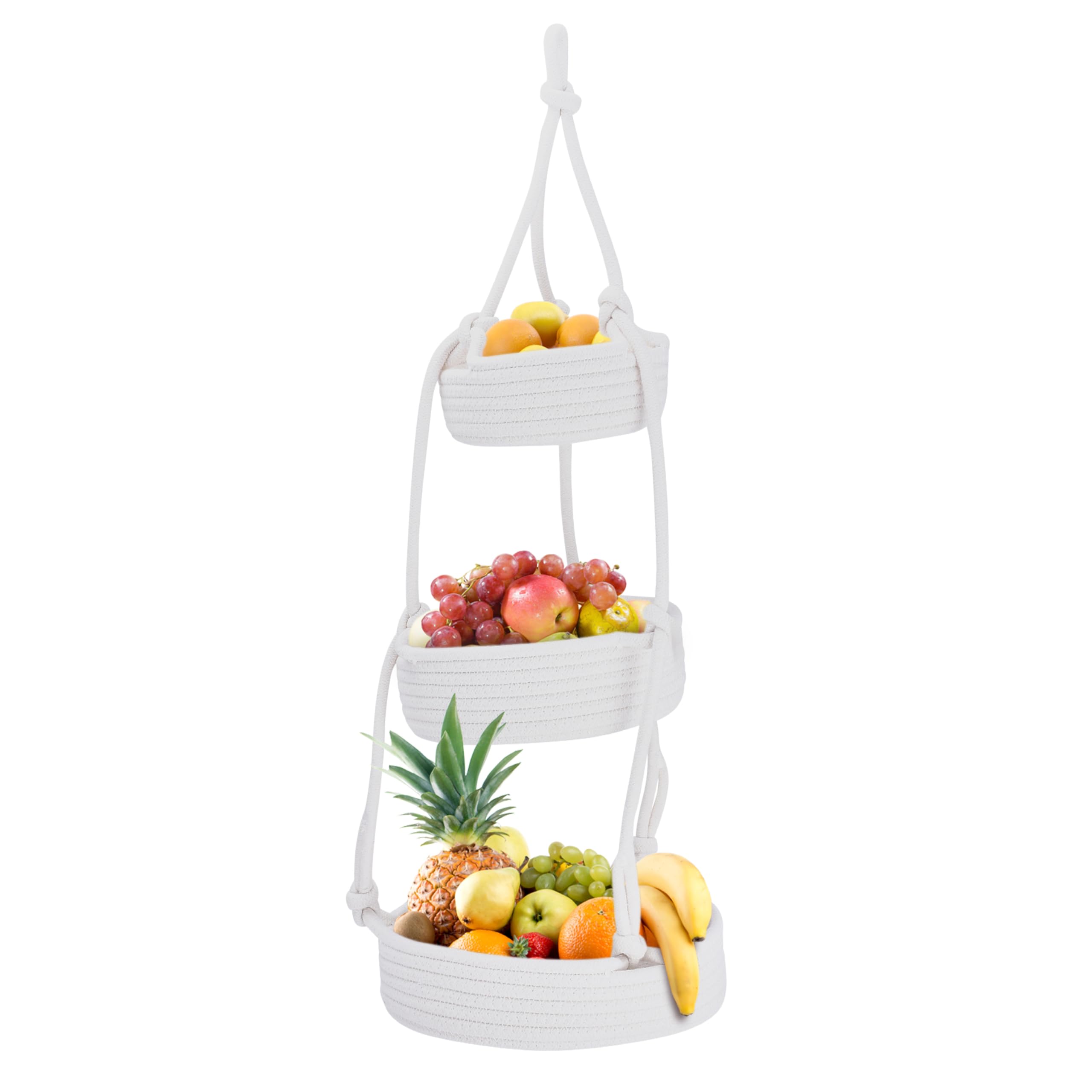 Regal Trunk Hanging Fruit Baskets For Kitchen - 3 Tiers Fruit Baskets Hanger - Macrame Fruit Hammock - White Boho Wall Decor - P