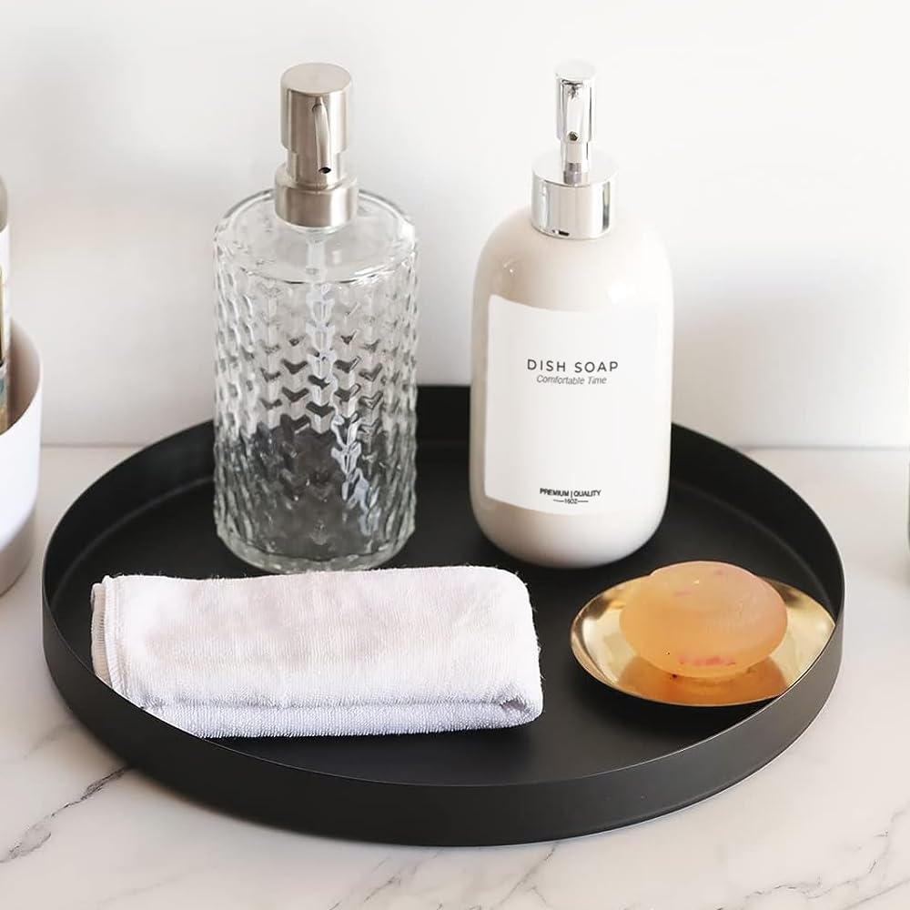 Black Round Metal Candle Holder Tray, Decorative Serving Tray For Modern Farmhouse Home Decorations (11.8'')