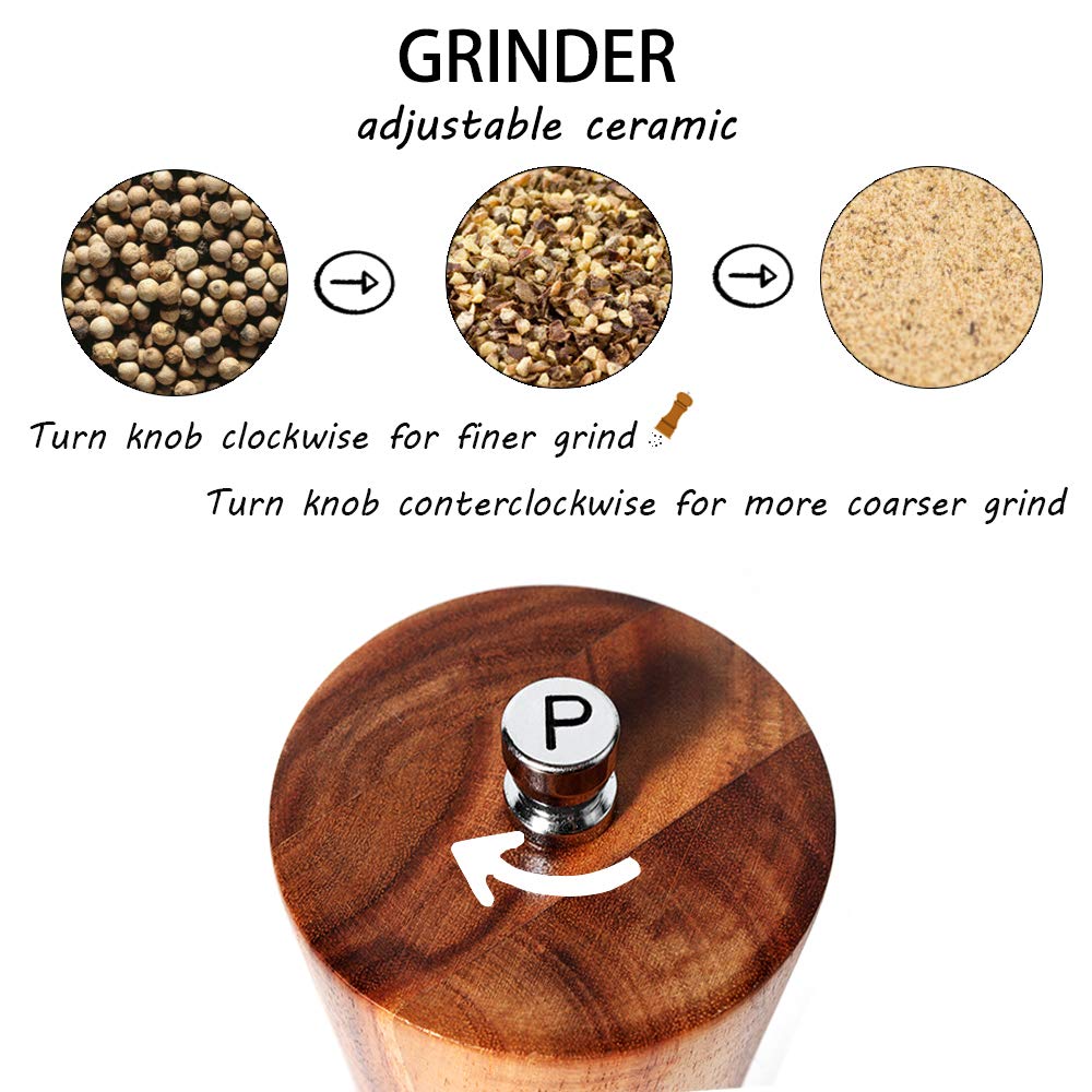 Ouktor Wooden Salt and Pepper Grinders Set, 8" Acacia Mills with Adjustable Coarseness, Ceramic Rotor, Wood Color