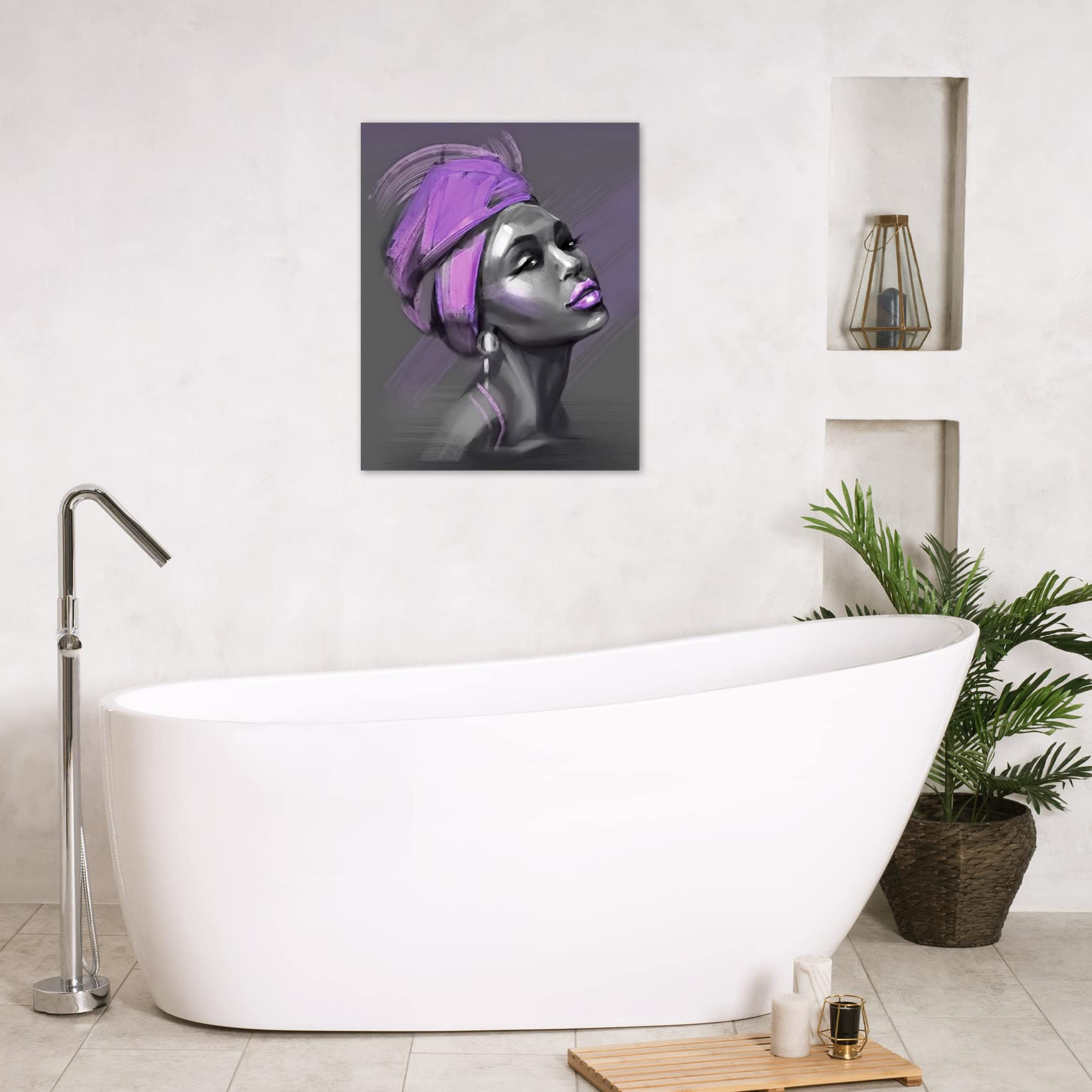 LB African American Women Canvas Wall Art  Beauty Black Woman Purple Hair Canvas Art  Abstract Minimalist Painting Wall Decor for Living Room Bedroom Bathroom Home Decor Ready to Hanging 12x16 Inch