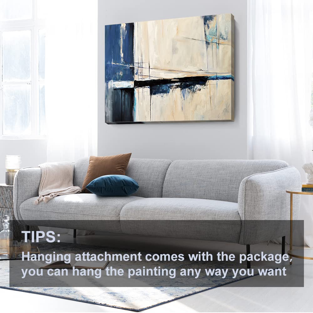 Large Abstract Canvas Wall Art Modern Geometric Art Paintings Blue Blocks and Lines Painted on Cream Background Elegantly Framed Artwork Pictures for Living Room Bedroom Wall Decor 48x32in