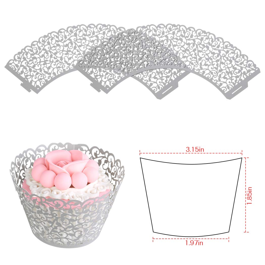 Benbilry 50 Pcs Cupcake Wrappers Artistic Bake Cake Paper Cups Laser Cut For Wedding Party Birthday Decoration (Grey)