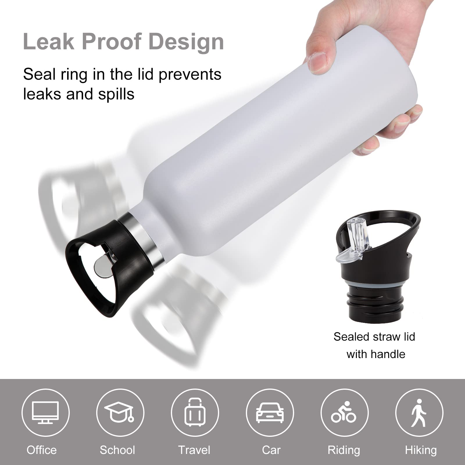 Neihepal White Stainless Steel Water Bottles,24 Ounce Vacuum Insulated Double Wall Travel Bottle With Leak-Proof Straw Lid Of Ha