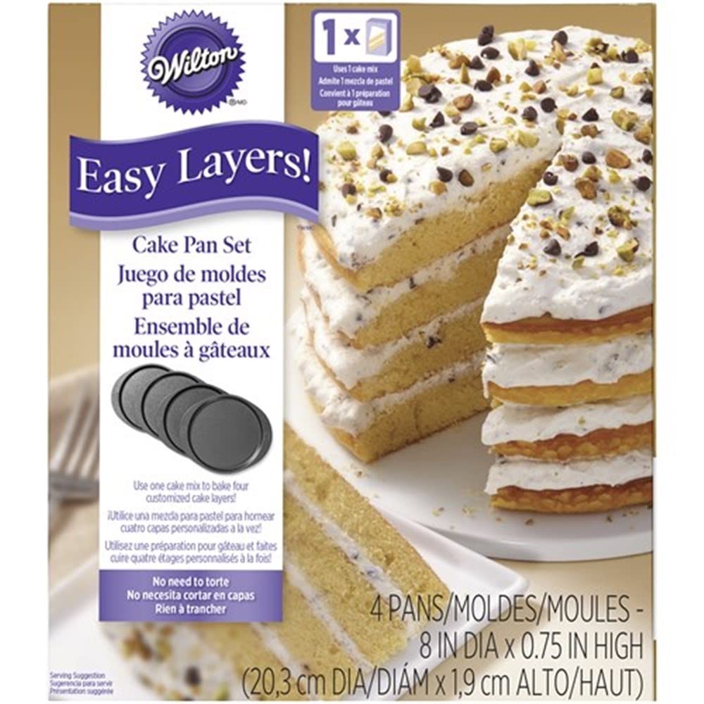 Wilton Easy Layers 4-Piece Layer Cake Pans Set, 8-Inch, Nonstick Steel, Black, Model 2105-0188