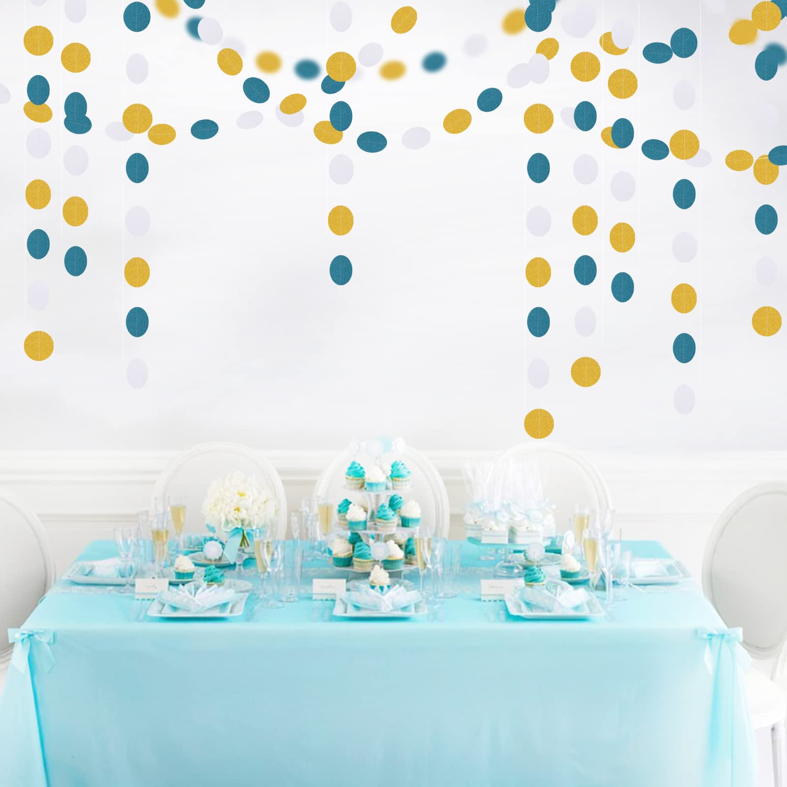 Teal-Turquoise White-Gold Party-Decorations Garland Streamers - 52Ft Woman Girl Birthday Paper Banner,Graduation Wedding Bachelo