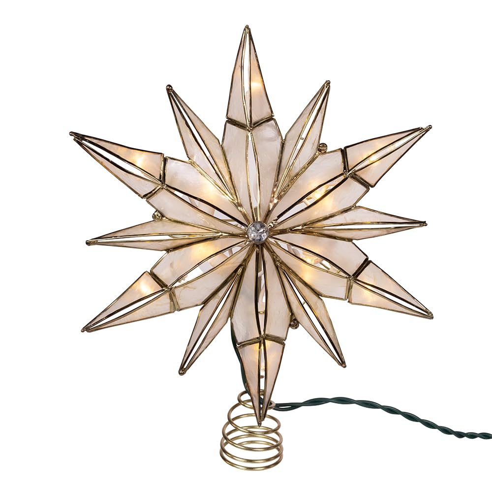 Kurt Adler 10-Light LED Brass Plated Capiz Star Tree Topper, 12-Point with Gem Center, 10.25