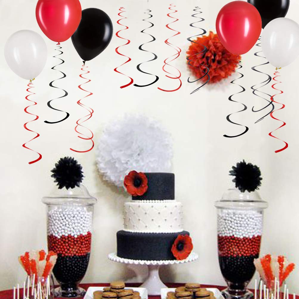 Mowo Black And Red Foil Swirl Hanging Decoration For Birthday Graduation Wedding New Year Halloween Party Supplies,Pack Of 20