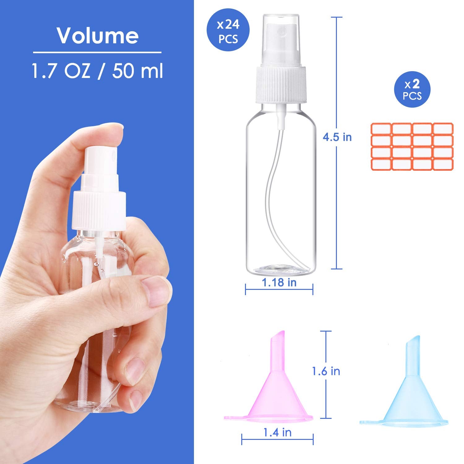 E-accexpert 24 Pcs Spray Bottles 2oz / 55ml Clear Empty Mini Mister Spray Bottles Refillable Container Pocket Size Sprayer Set Essential Oils Travel Cleaning Solution Makeup Bottles with 2pcs Funnels 32pcs Labels