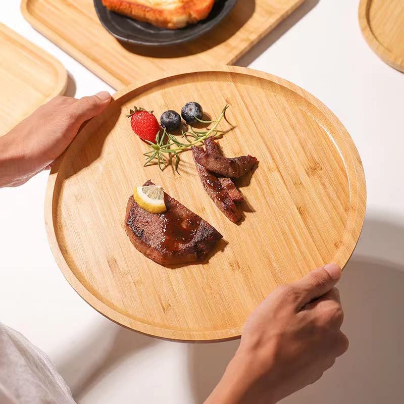 Round Bamboo Tray, Wood Plates, Wooden Serving Platter, Charcuterie Serving Board For Dinning/Coffee Table,13.8 Inch