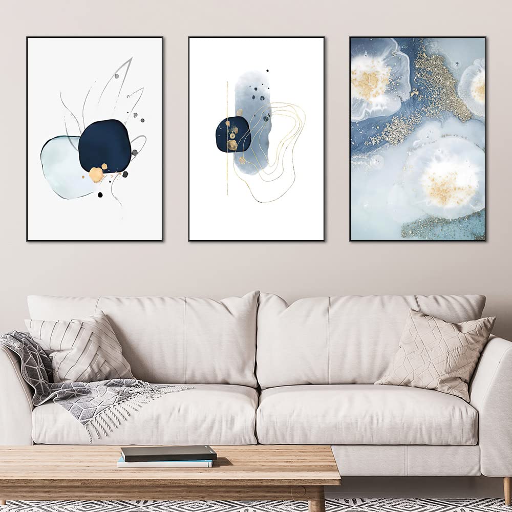 3 Framed Abstract Canvas Wall Art, Artwork In Blue, White And Grey, Simple And Elegant For Living Room Bedroom Office Decor