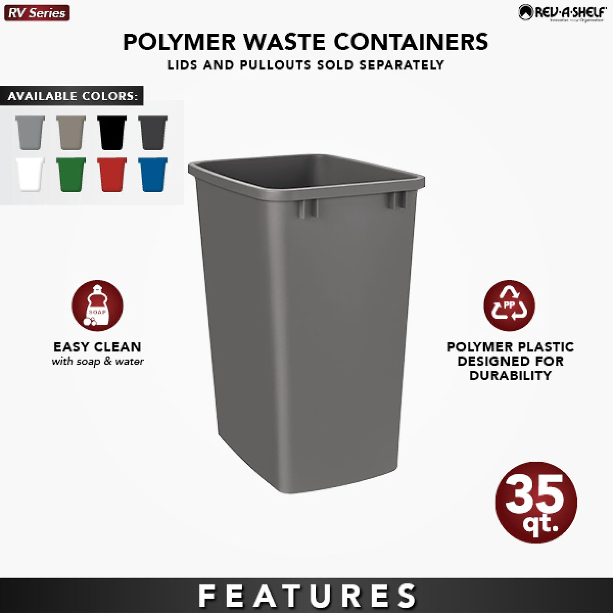 Rev-A-Shelf 35 Qt Under Sink Garbage Can for Base Kitchen and Bathroom Cabinet  Replacement Plastic Trash Bin for Laundry Rooms  Black  RV-35-18-52
