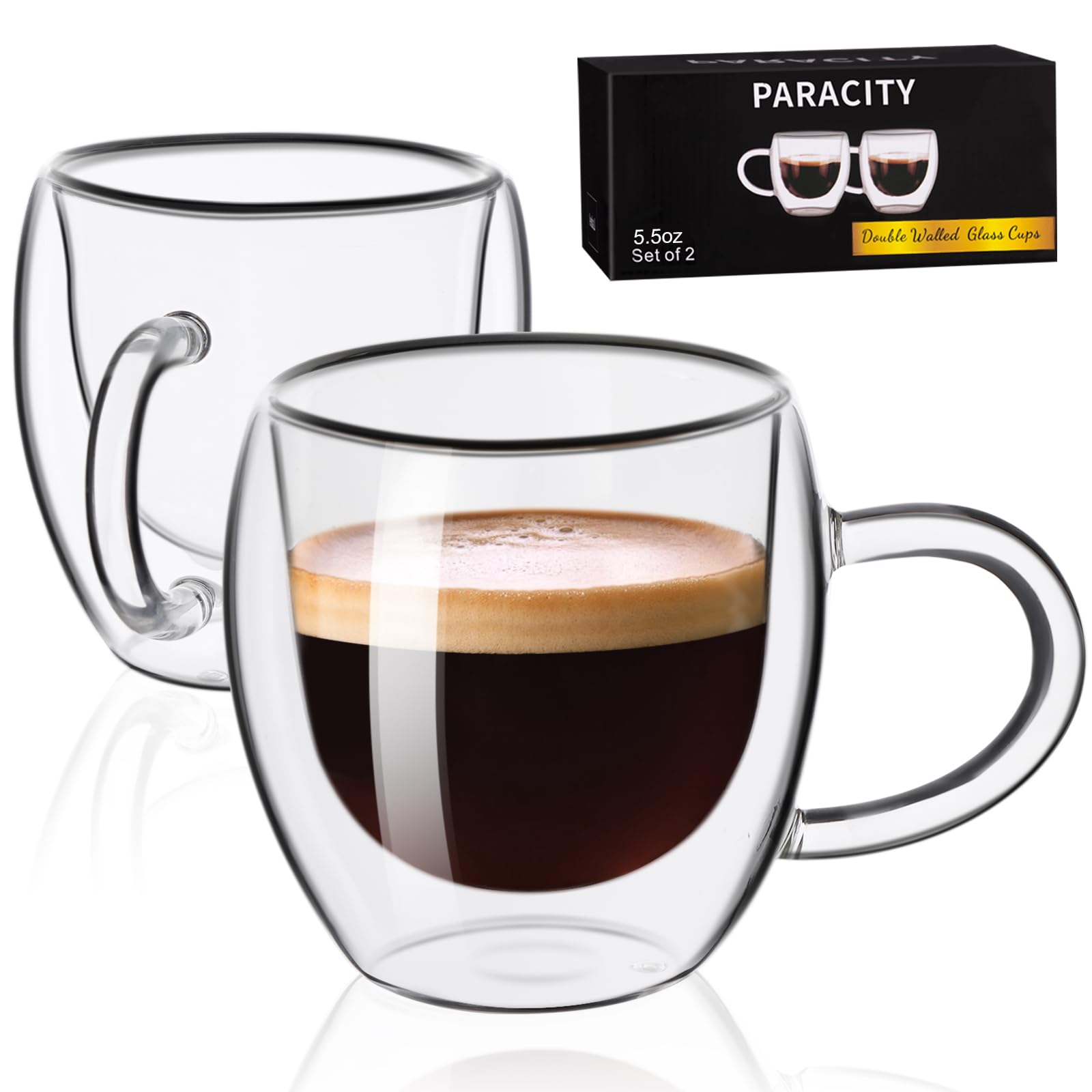 Paracity Espresso Cups Set Of 2, Double Wall Insulated Glass Coffee Mugs 5.5 Oz, Cappuccino Cups With Handle, Clear Glass Coffee