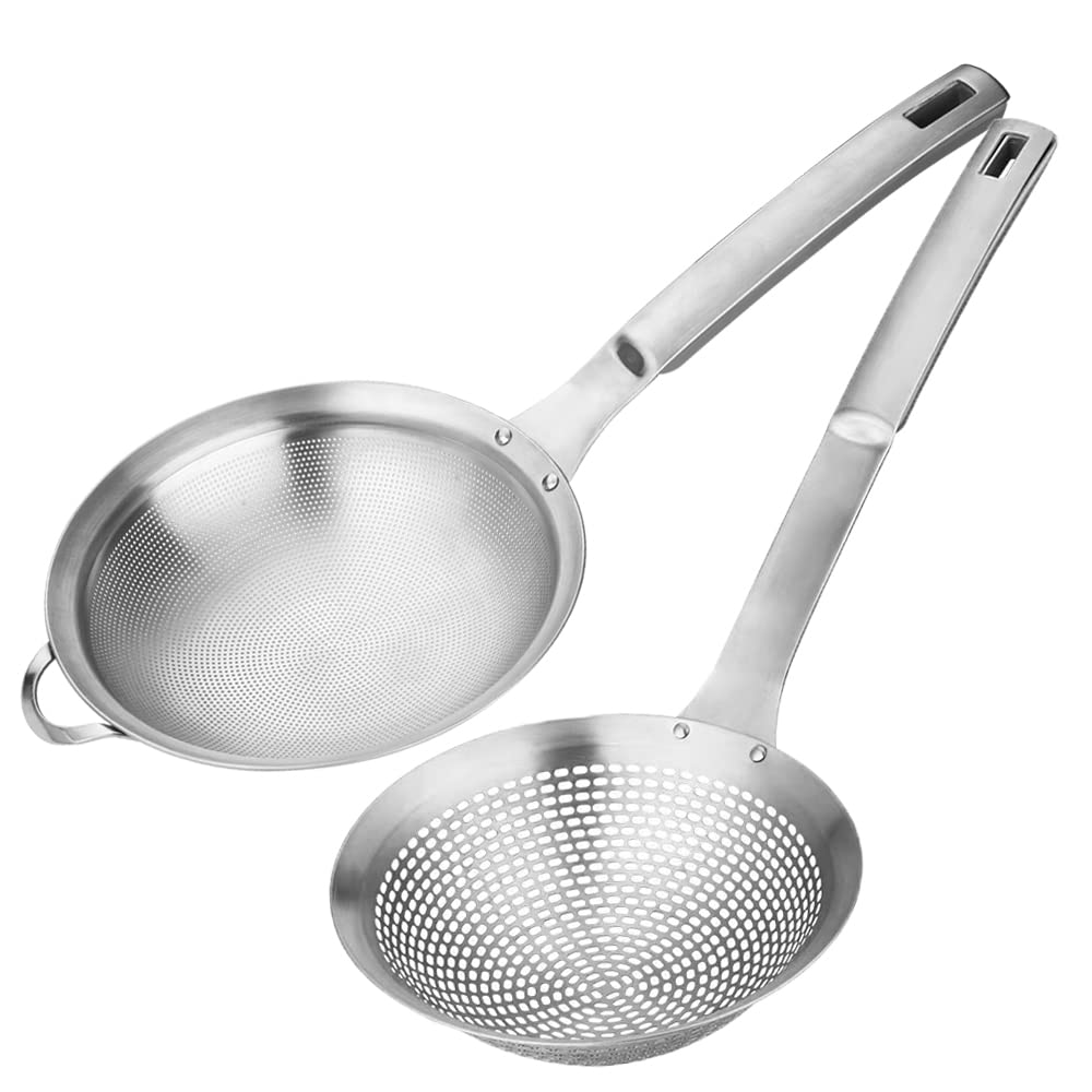 Fine Mesh Stainless Steel Metal With Holesieve Food Strainer Grease Spider Skimmer And With Handle Large Holes Slotted Colander