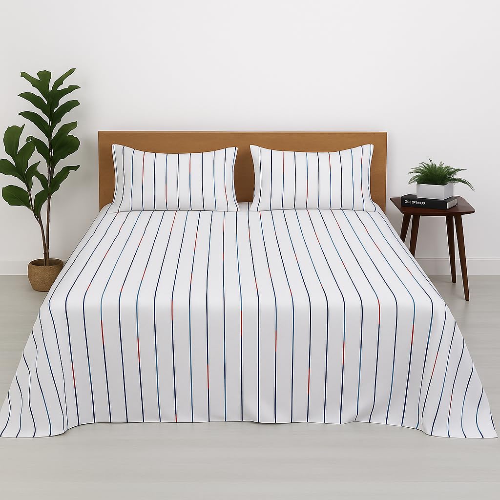 Linenaffairs Multicolor Line Design Double Bed Sheet Set - 100% Cotton Flat Sheet With 2 Pillow Covers - Soft, Breathable & Skin