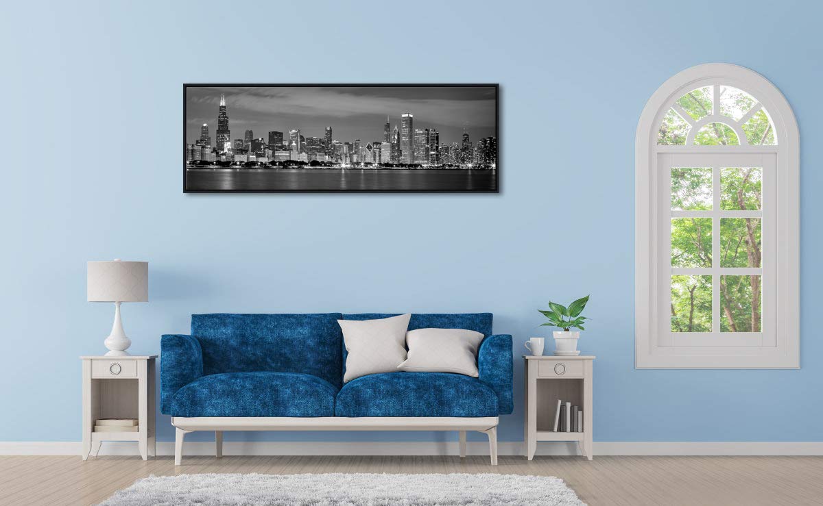 Wieco Art Framed Wall Art Chicago City Center Skyline Black And White Wall Decor Canvas Prints Modern Cityscape Wall Decorations