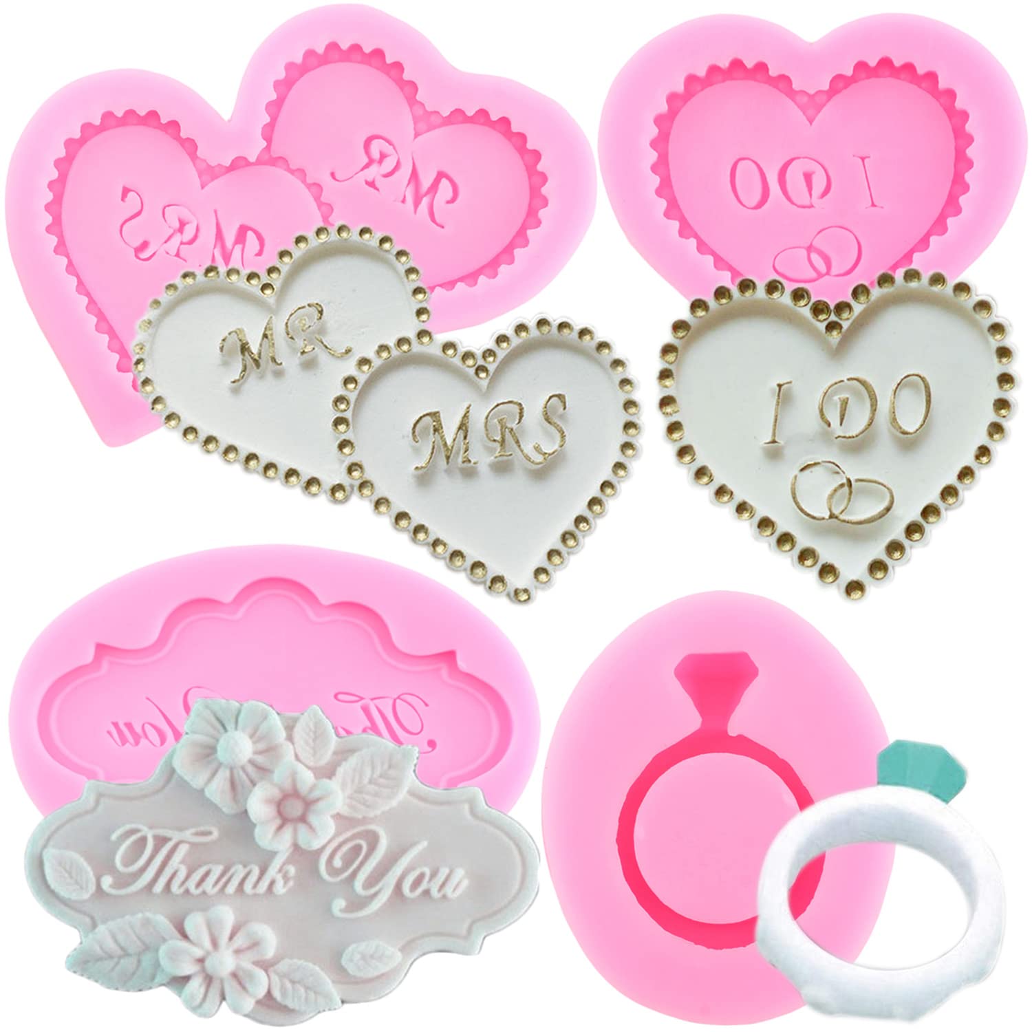 Mujiang Heart Mr Mrs I Do Silicone Fondant Mold Thank You Ring Candy Chocolate Mold For Wedding Cake Decorating Gum Paste Polyme