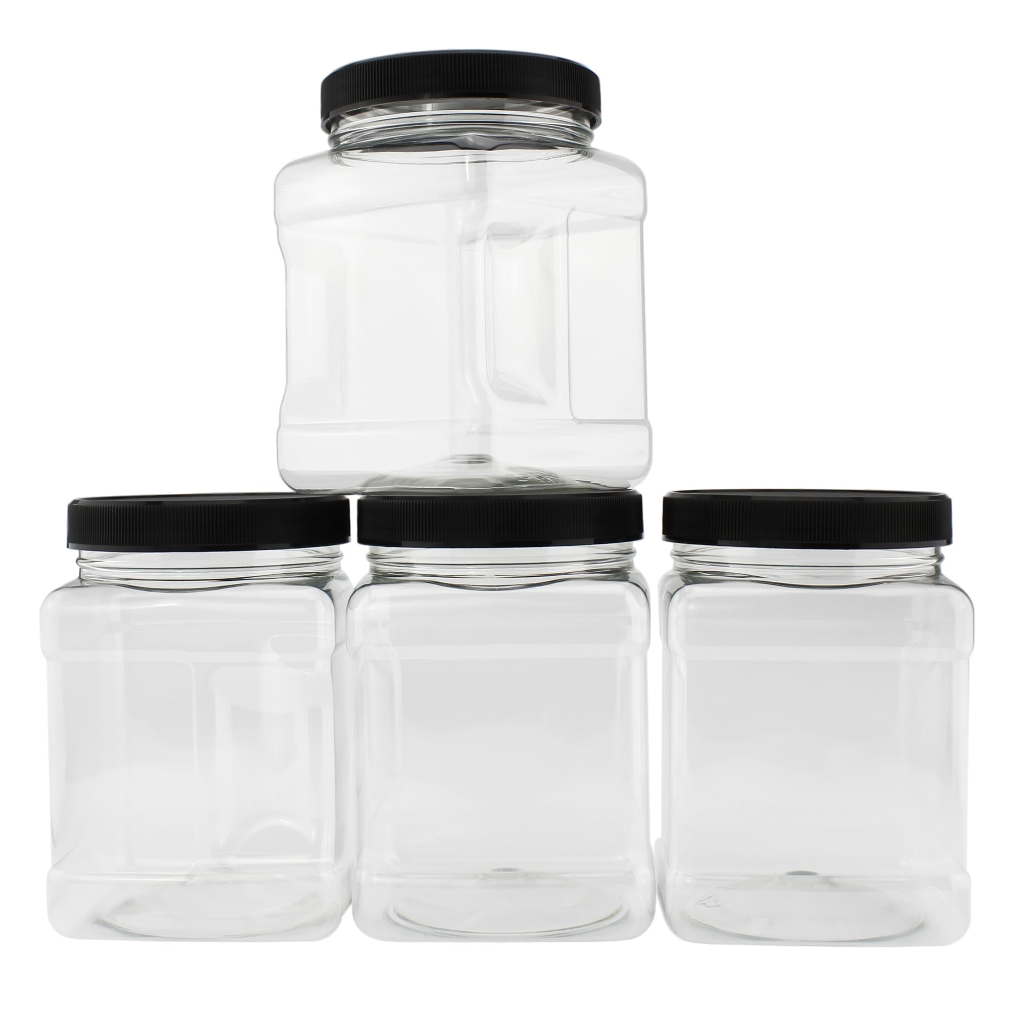 32Oz Square Plastic Jars (4-Pack, Quart); Clear Rectangular 4-Cup Canisters W/Black Lids, Easy-Grip Side