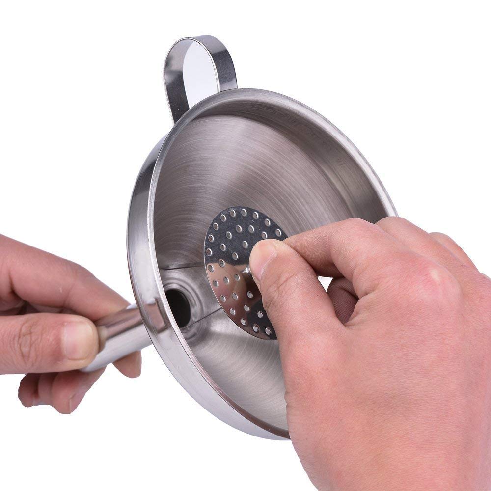 3 Pcs Stainless Steel Funnels Set With Handle Design And Removable Strainer For Transferring Of Liquid, Fluid, Dry Ingredients,