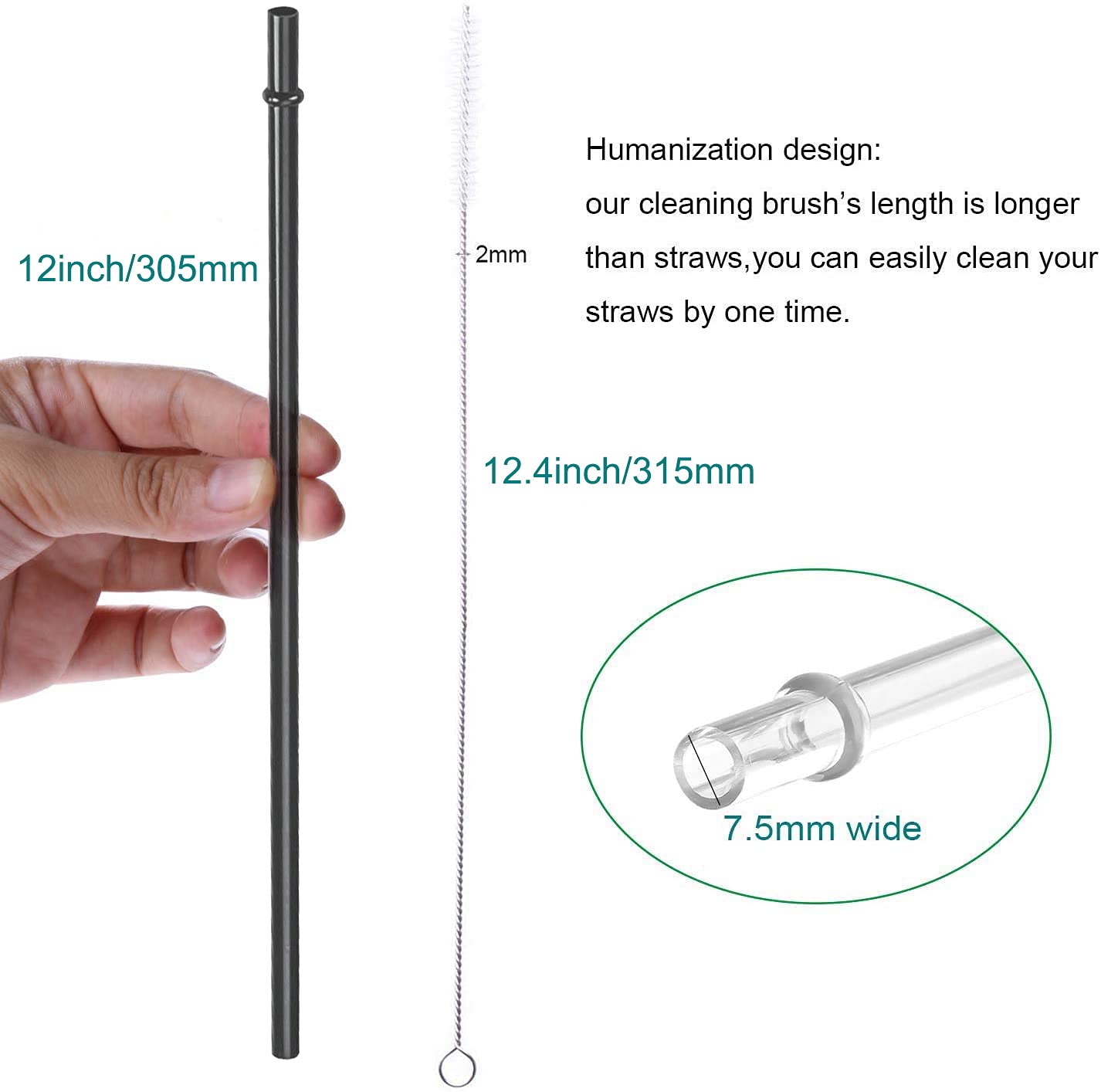 Dakoufish 12 Inch Long Black Reusable Plastic Replacement Drinking Straws For 30 Oz & 40 Oz Mason Jar,Tumblers, Set Of 12 With C