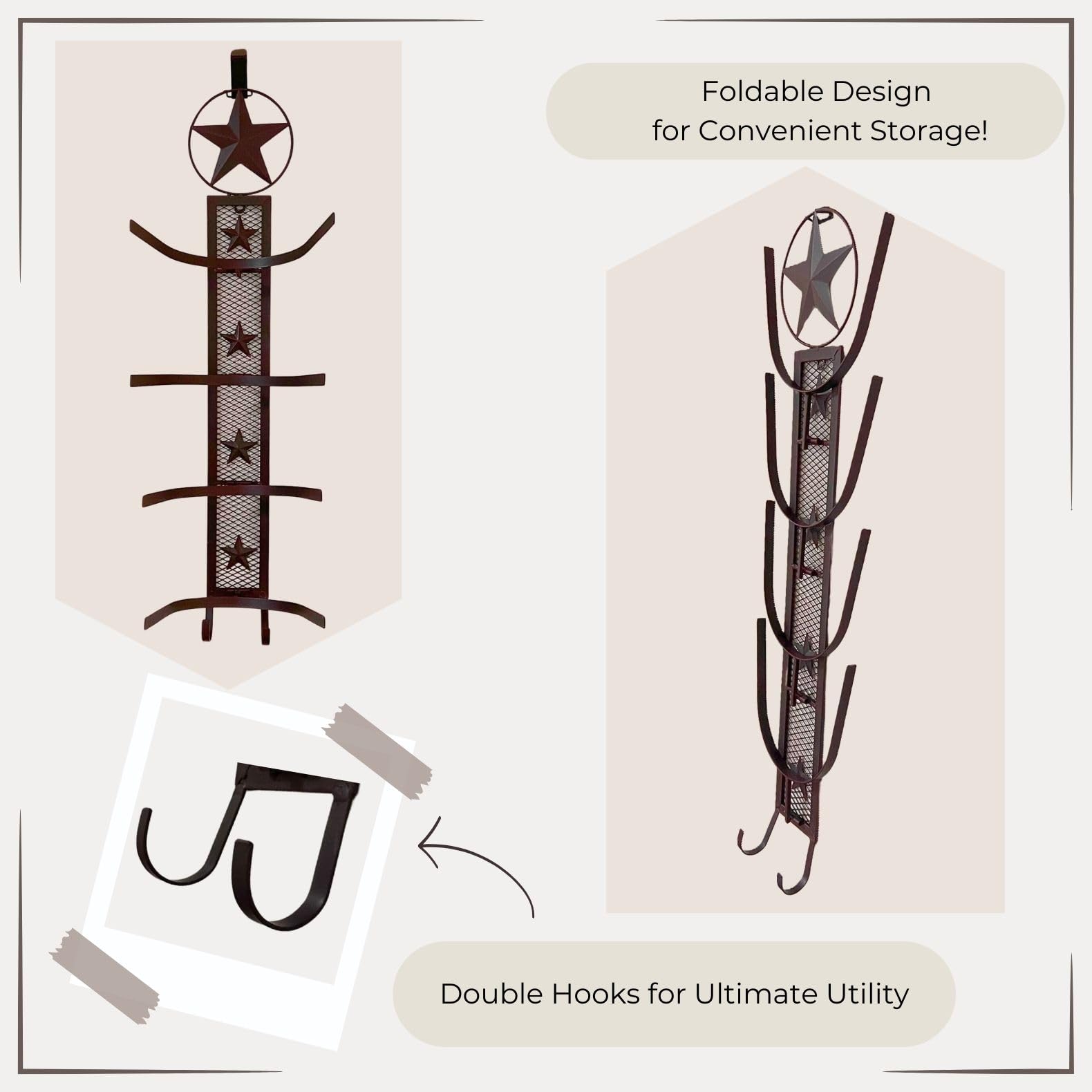 Bestgiftever Metal Star 4 Cowboy Hat Rack Fold-Up Wall Hanging Decoration Rustic Western Style - Rustic Metal Cowboy Hat Display
