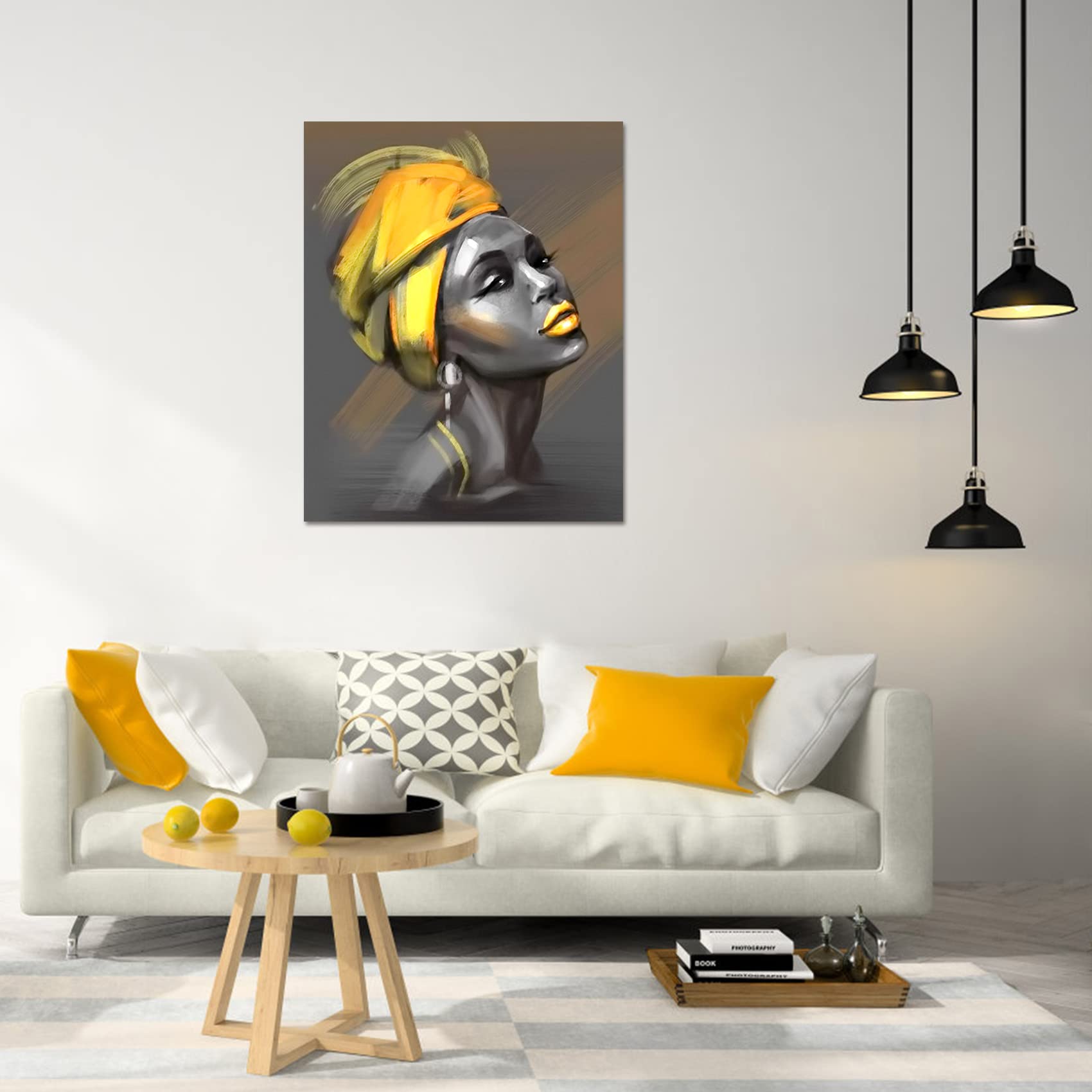LB Framed African American Women Canvas Wall Art Black Woman Yellow Hair Beauty Abstract Painting Canvas Prints Living Room Bedroom Bathroom Home Decoration Ready to Hang 12x16 inch