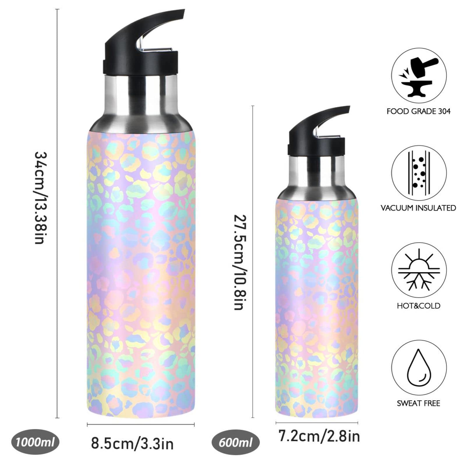 Alaza Leopard Print Cheetah Rainbow Gradient Water Bottle With Straw Lid Vacuum Insulated Stainless Steel Thermo Flask Water Bot