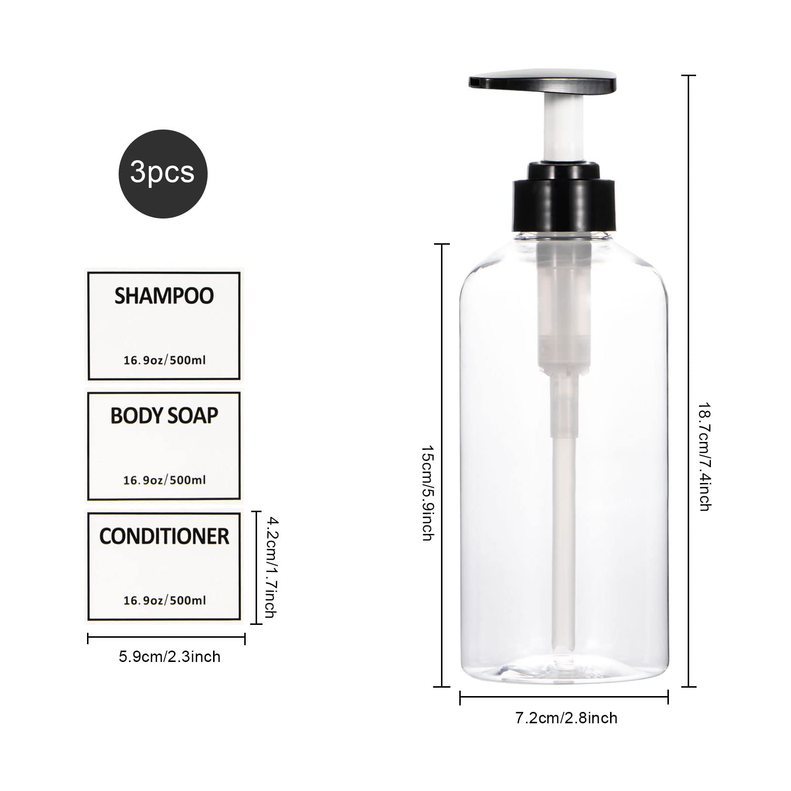 Clear Shampoo And Conditioner Bottles,Yeeco Shampoo Pump Bottle Shampoo Bottles Dispenser With Waterproof Labels 16.9Oz/500Ml 3